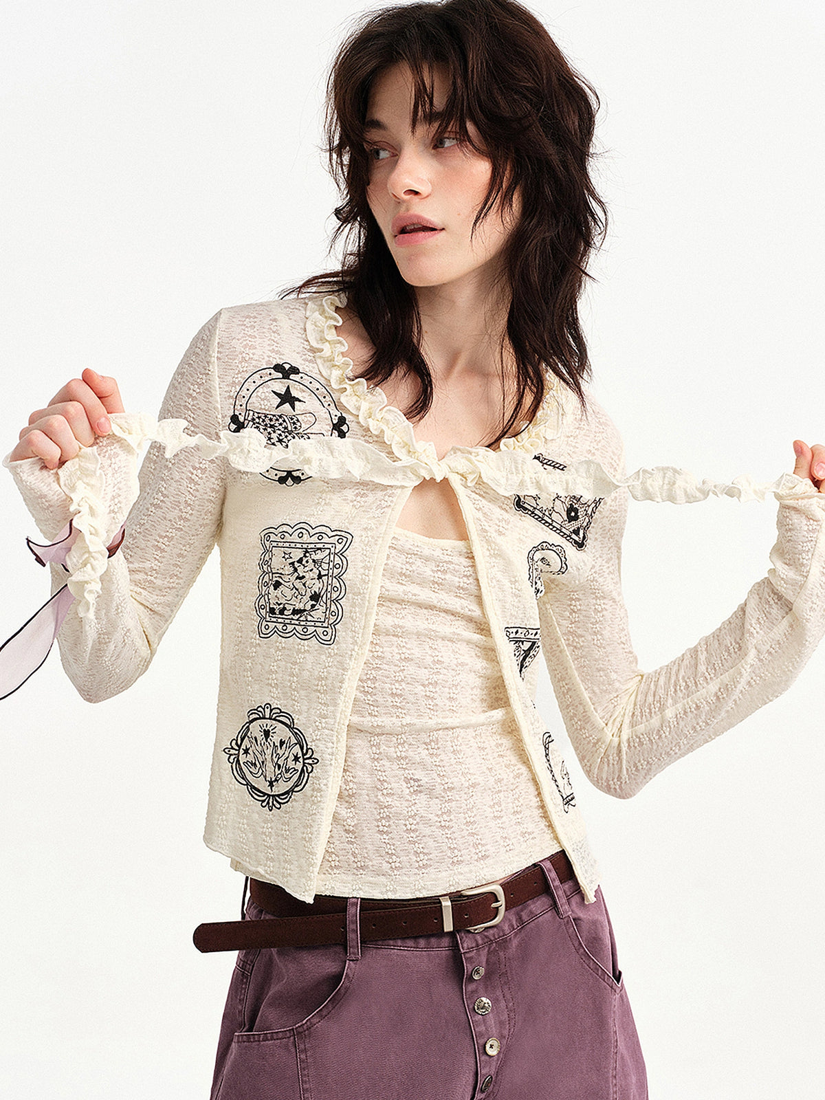 Outtheblue Split Front Ruffle Tie Up Cardigan | Canton Collective