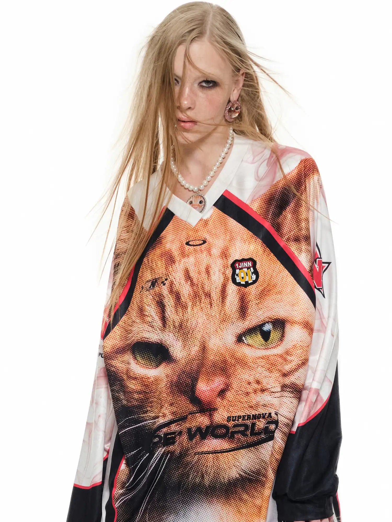 1Jinn Studio Sporty Cat Face Satin V-neck Top | Canton Collective