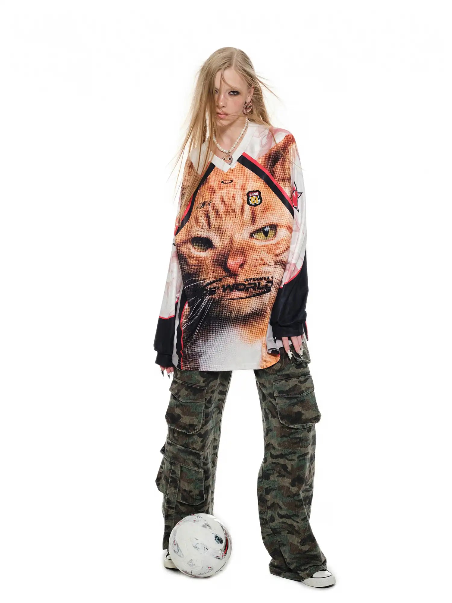 1Jinn Studio Sporty Cat Face Satin V-neck Top | Canton Collective