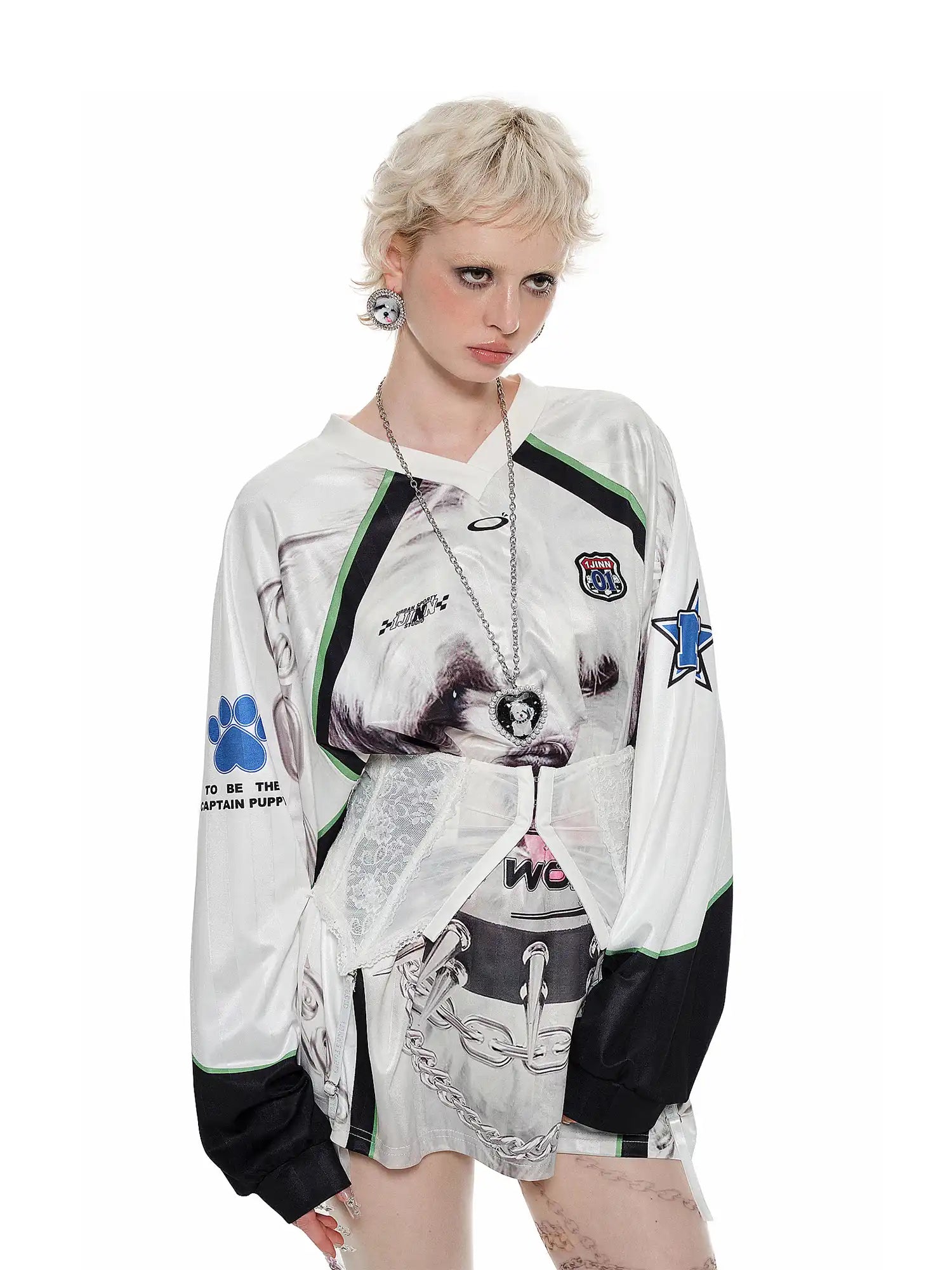 1Jinn Studio Sporty Cat Face Satin V-neck Top | Canton Collective