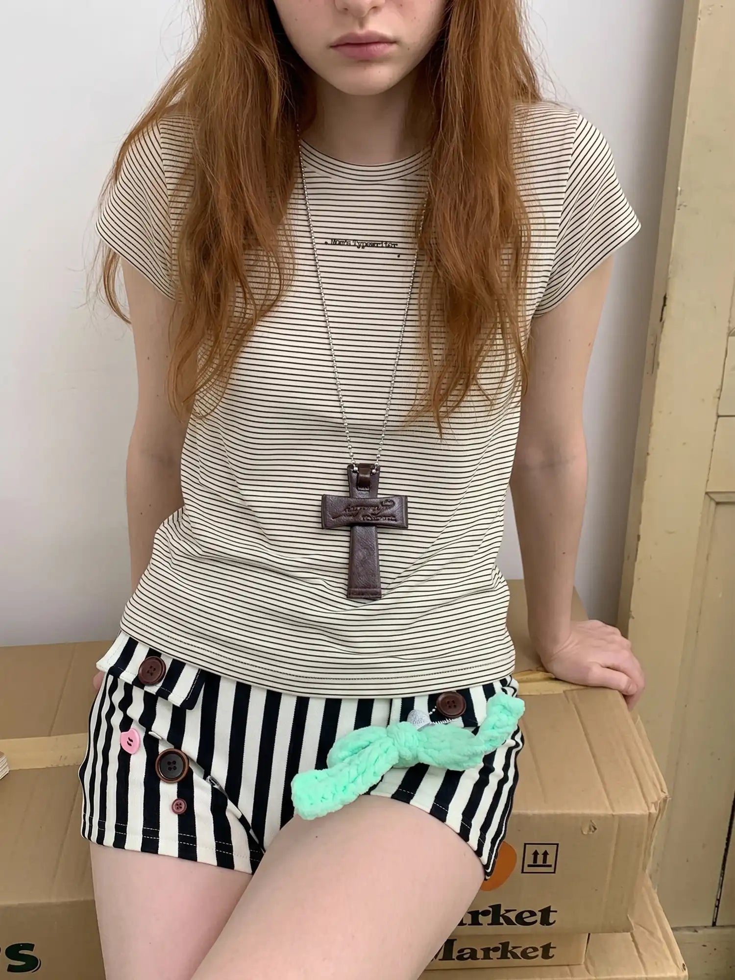 CantonCollective Design Stripe Fitted Crop Cap Sleeve Tee | Canton Collective