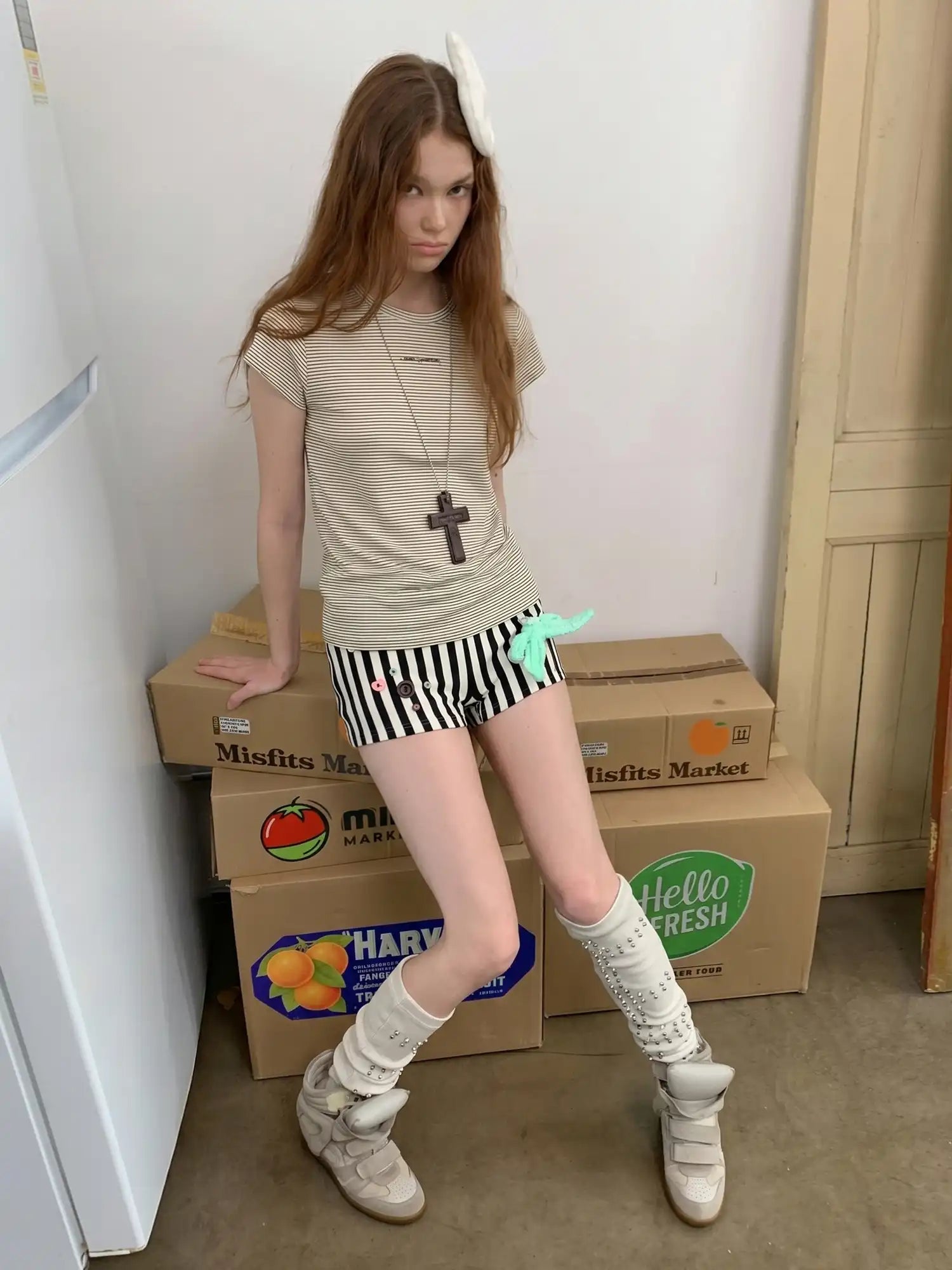 CantonCollective Design Stripe Fitted Crop Cap Sleeve Tee | Canton Collective