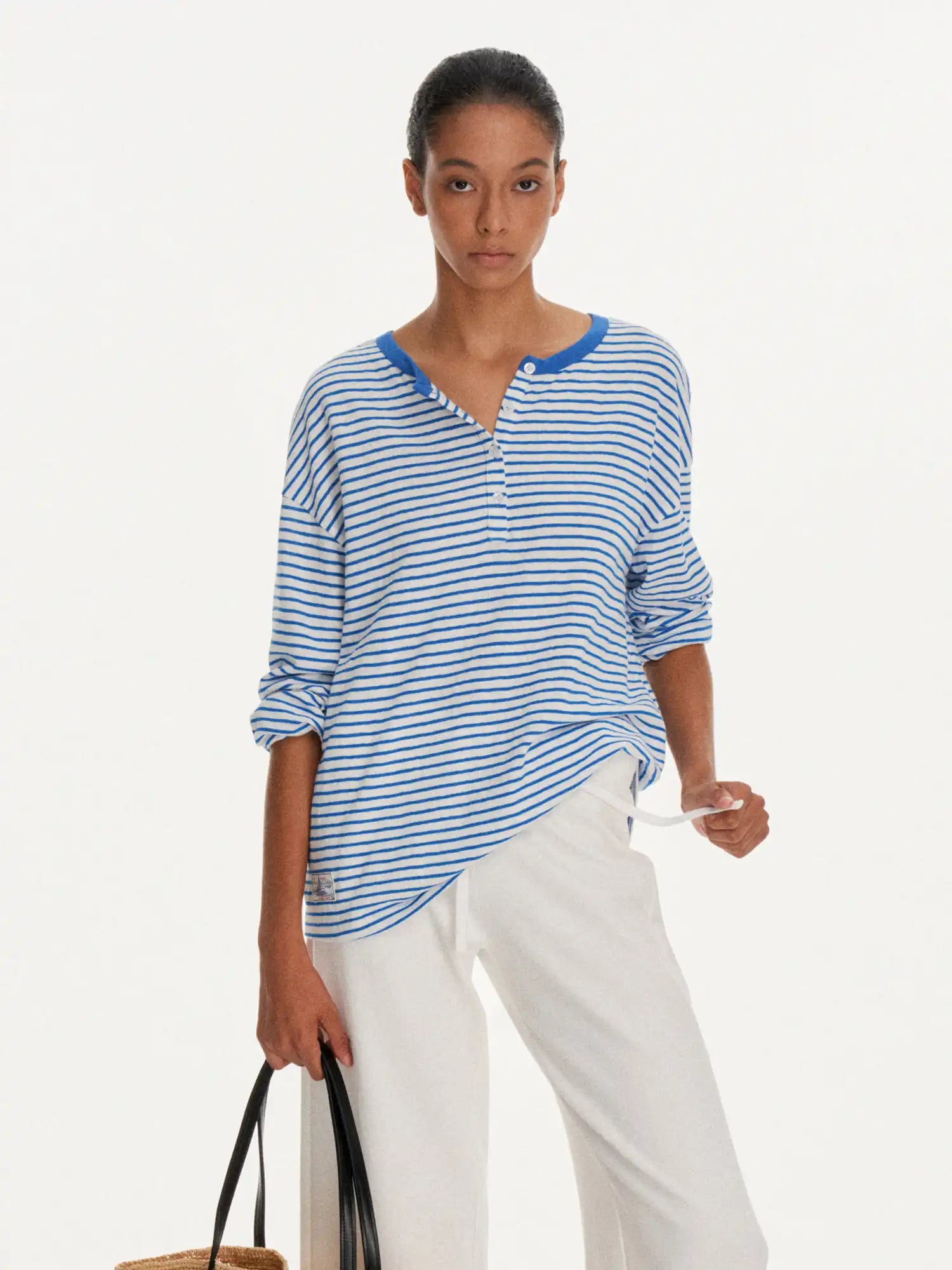 First Floor Striped Linen Feel Henley Long Sleeve Oversized Top | Canton Collective