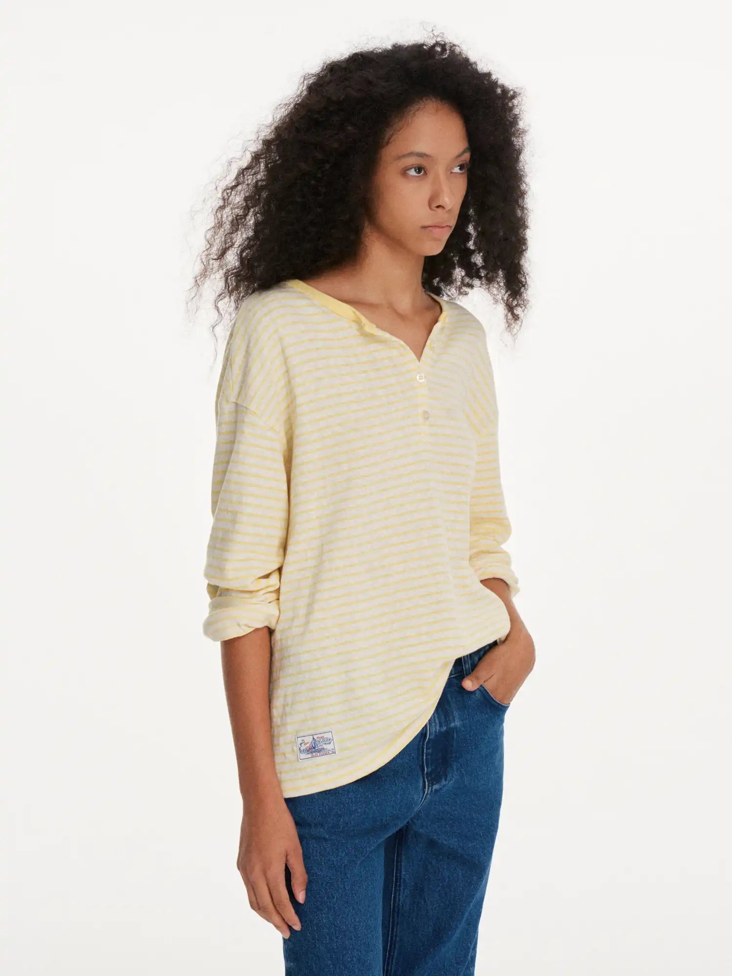 First Floor Striped Linen Feel Henley Long Sleeve Oversized Top | Canton Collective
