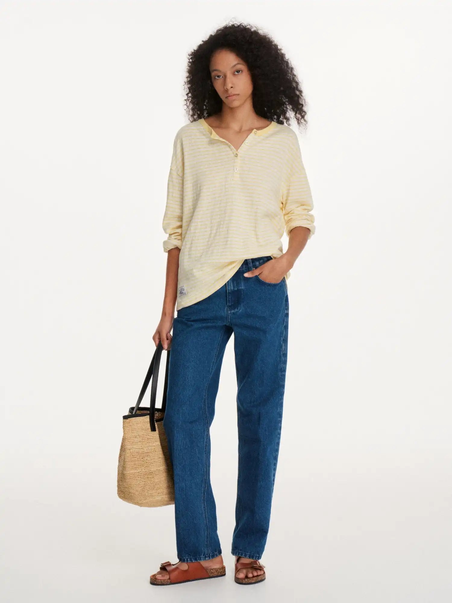First Floor Striped Linen Feel Henley Long Sleeve Oversized Top | Canton Collective