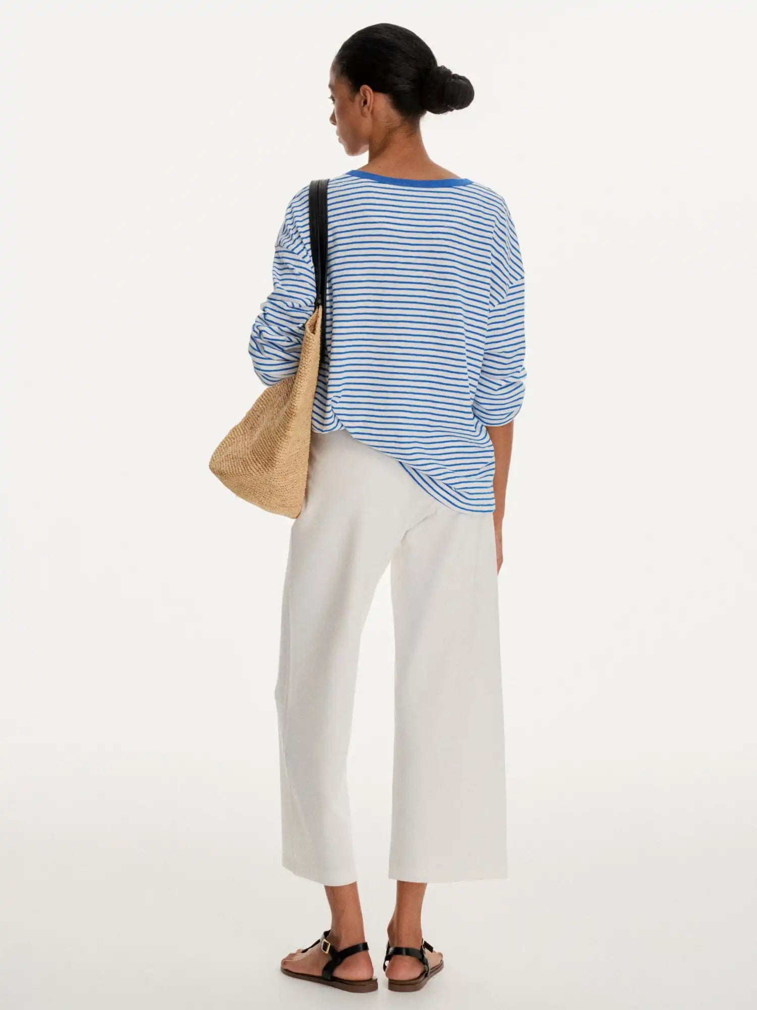 First Floor Striped Linen Feel Henley Long Sleeve Oversized Top | Canton Collective