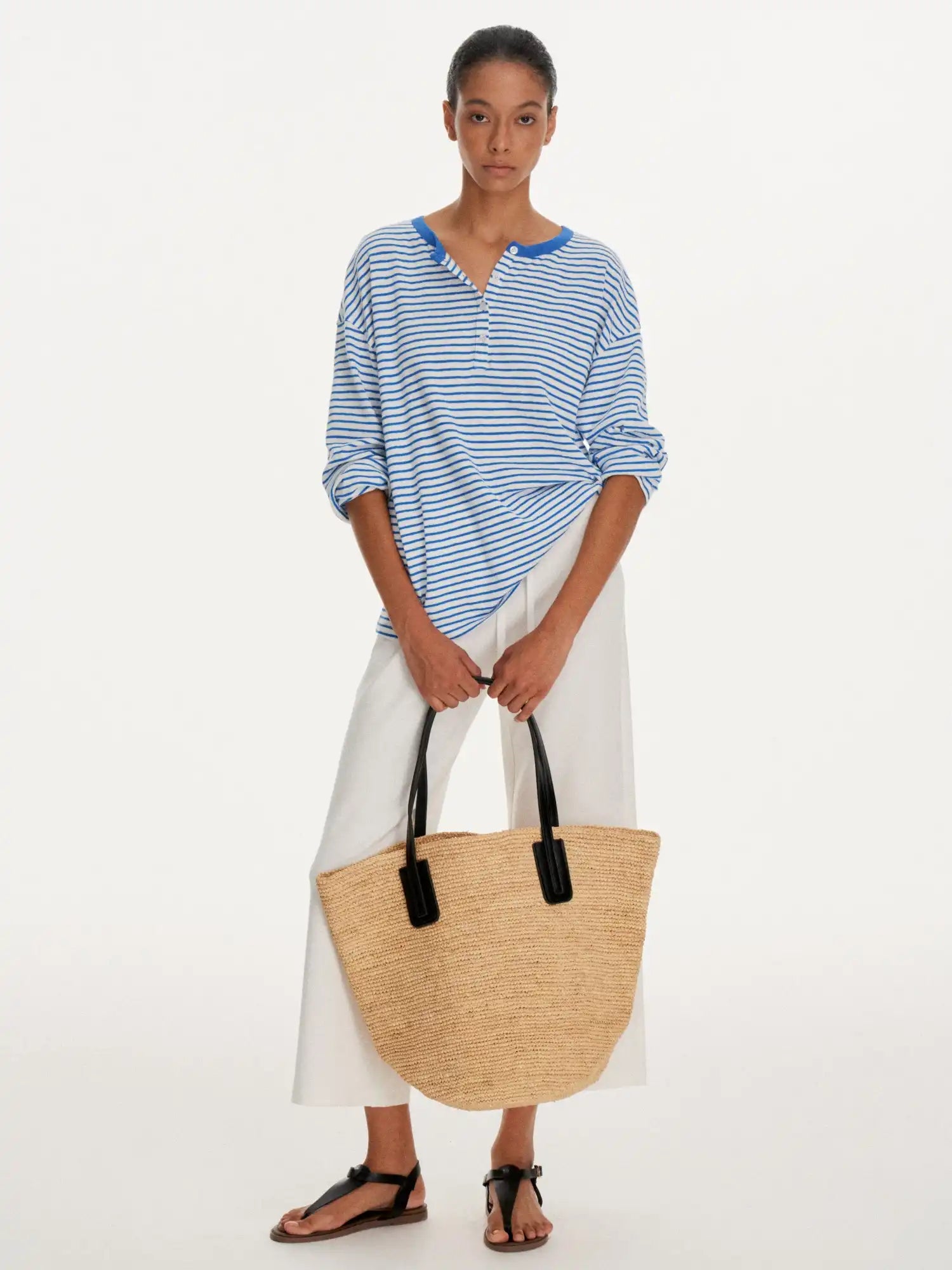 First Floor Striped Linen Feel Henley Long Sleeve Oversized Top | Canton Collective