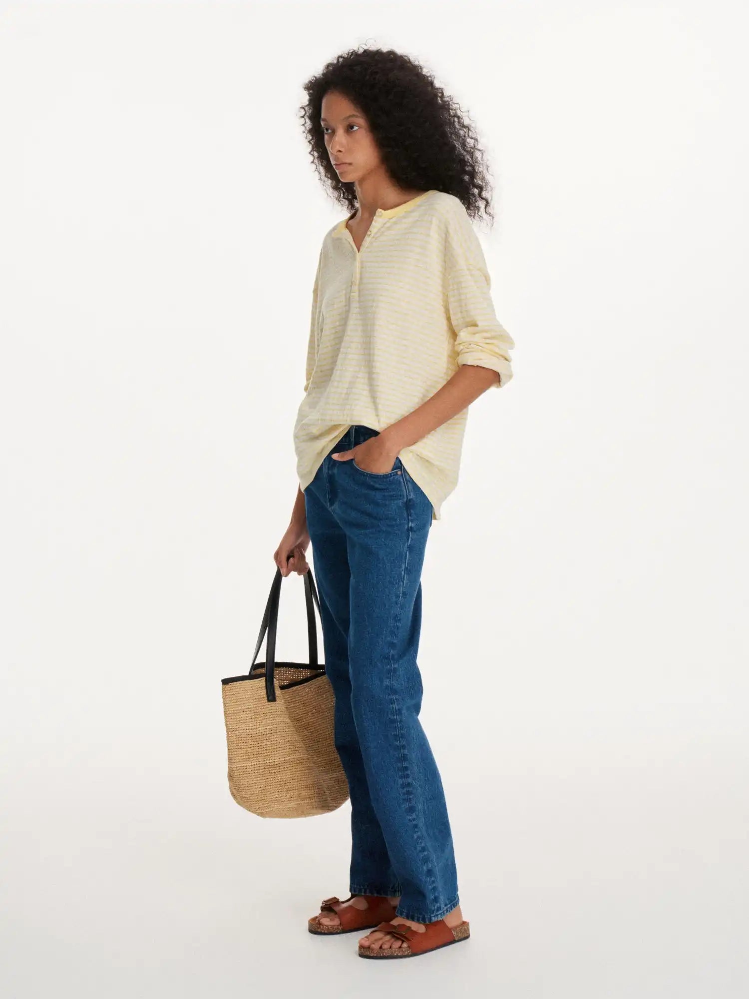First Floor Striped Linen Feel Henley Long Sleeve Oversized Top | Canton Collective