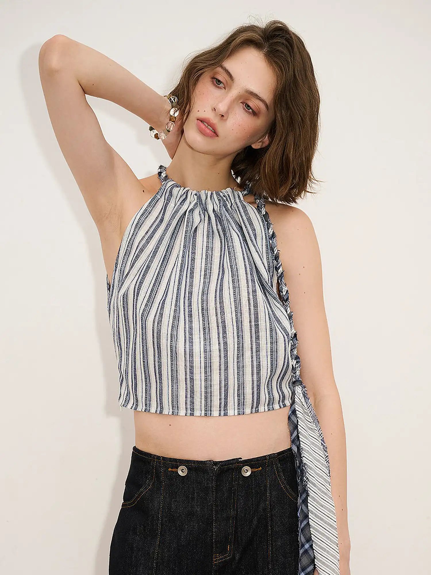 Muse Naps Striped Linen Halter Crop Top | Canton Collective
