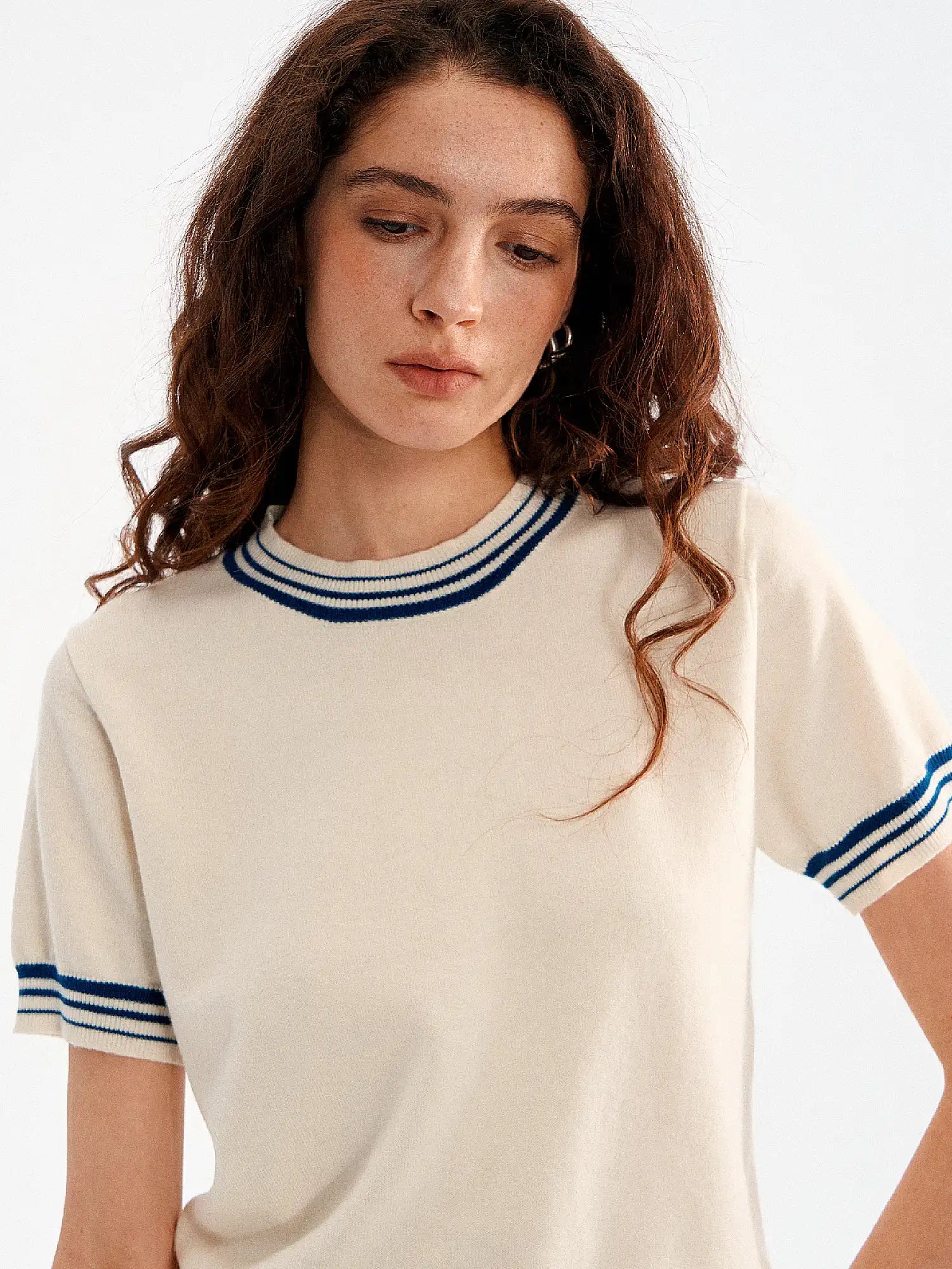 Muse Naps Striped Ribbed Trim Ribbed Knit Top | Canton Collective