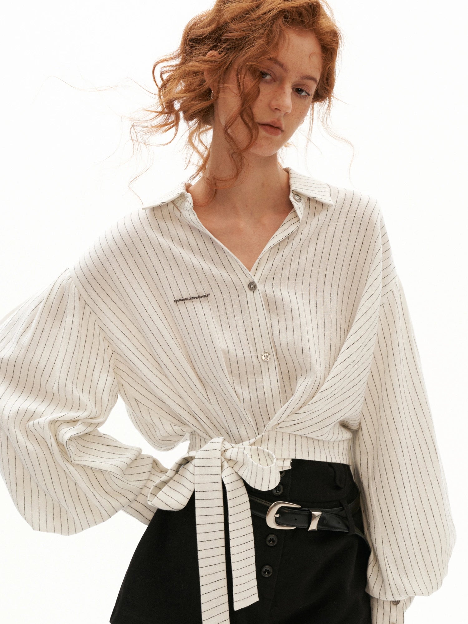 MAMC Striped Tie-Waist White Cropped Shirt | Canton Collective