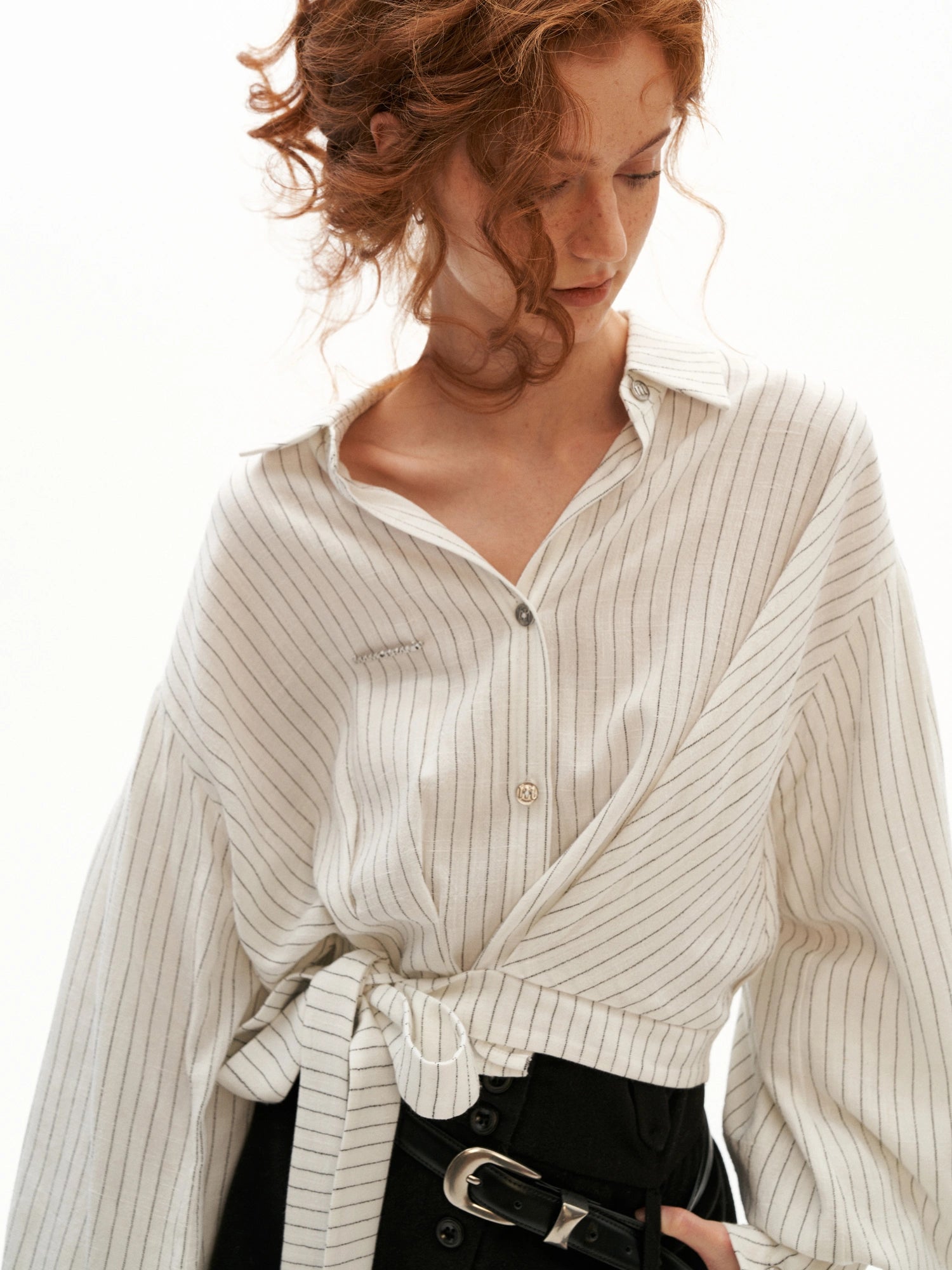 MAMC Striped Tie-Waist White Cropped Shirt | Canton Collective
