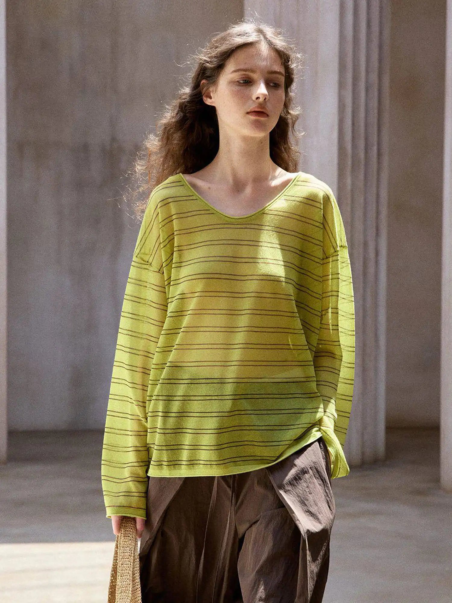 CantonCollective Design Striped V-Neck Long Sleeve Knit Top with Tie Back Detail | Canton Collective