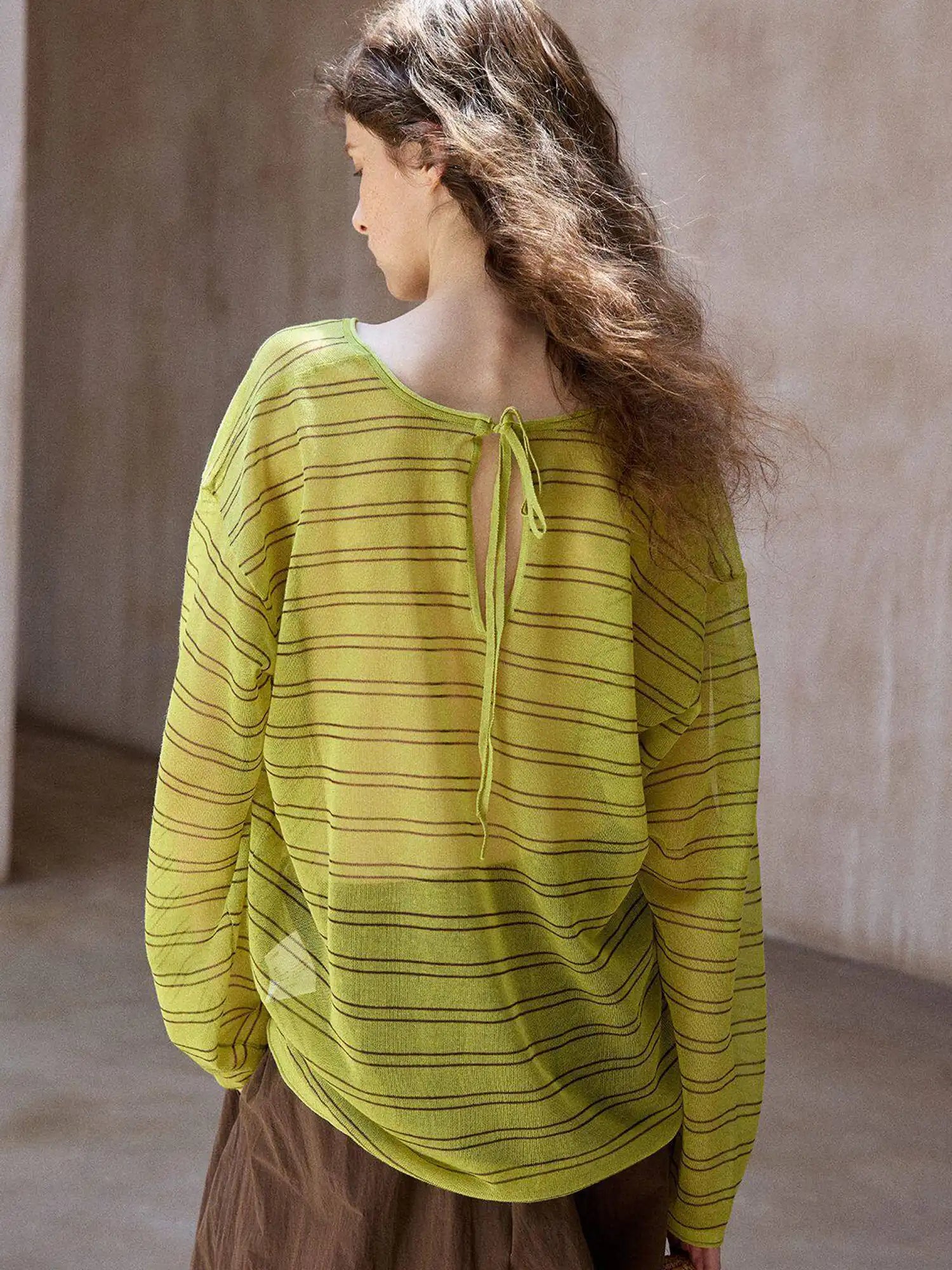 CantonCollective Design Striped V-Neck Long Sleeve Knit Top with Tie Back Detail | Canton Collective