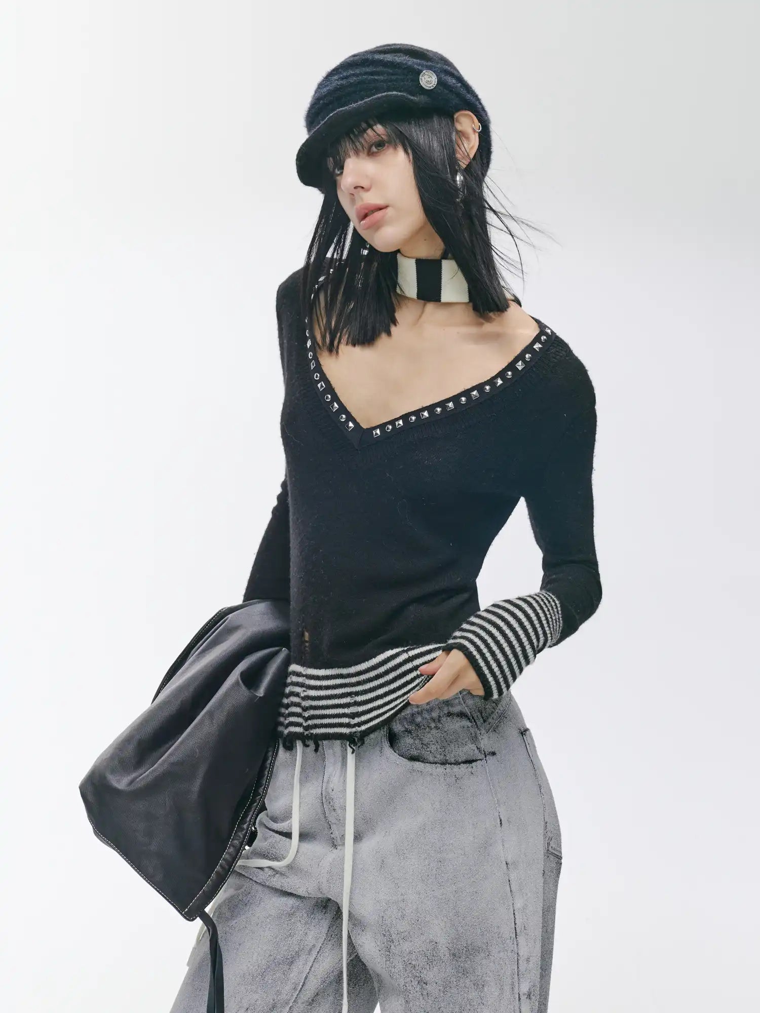 2th Desire Studded Deep V Distressed Knit Top | Canton Collective