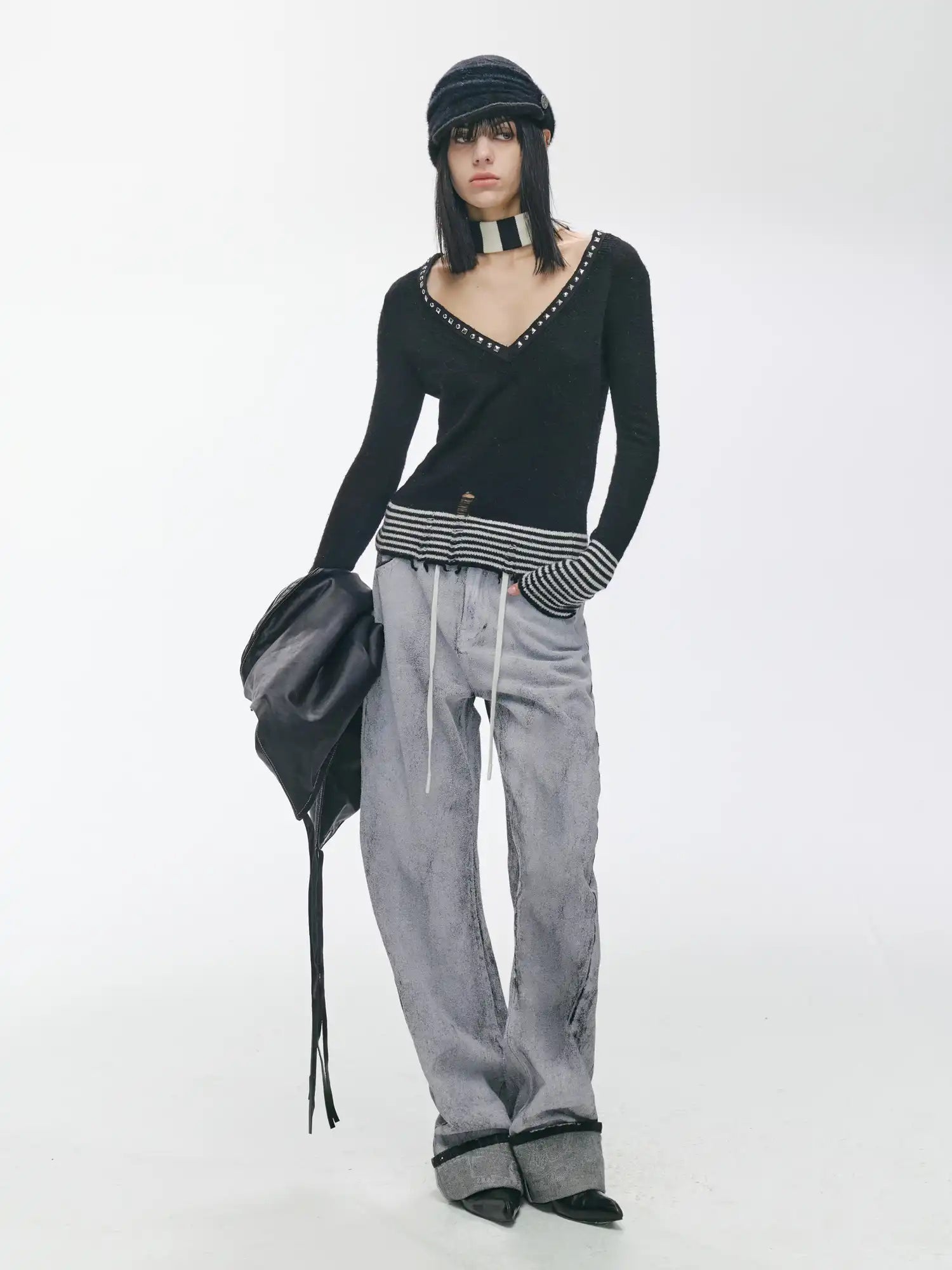 2th Desire Studded Deep V Distressed Knit Top | Canton Collective