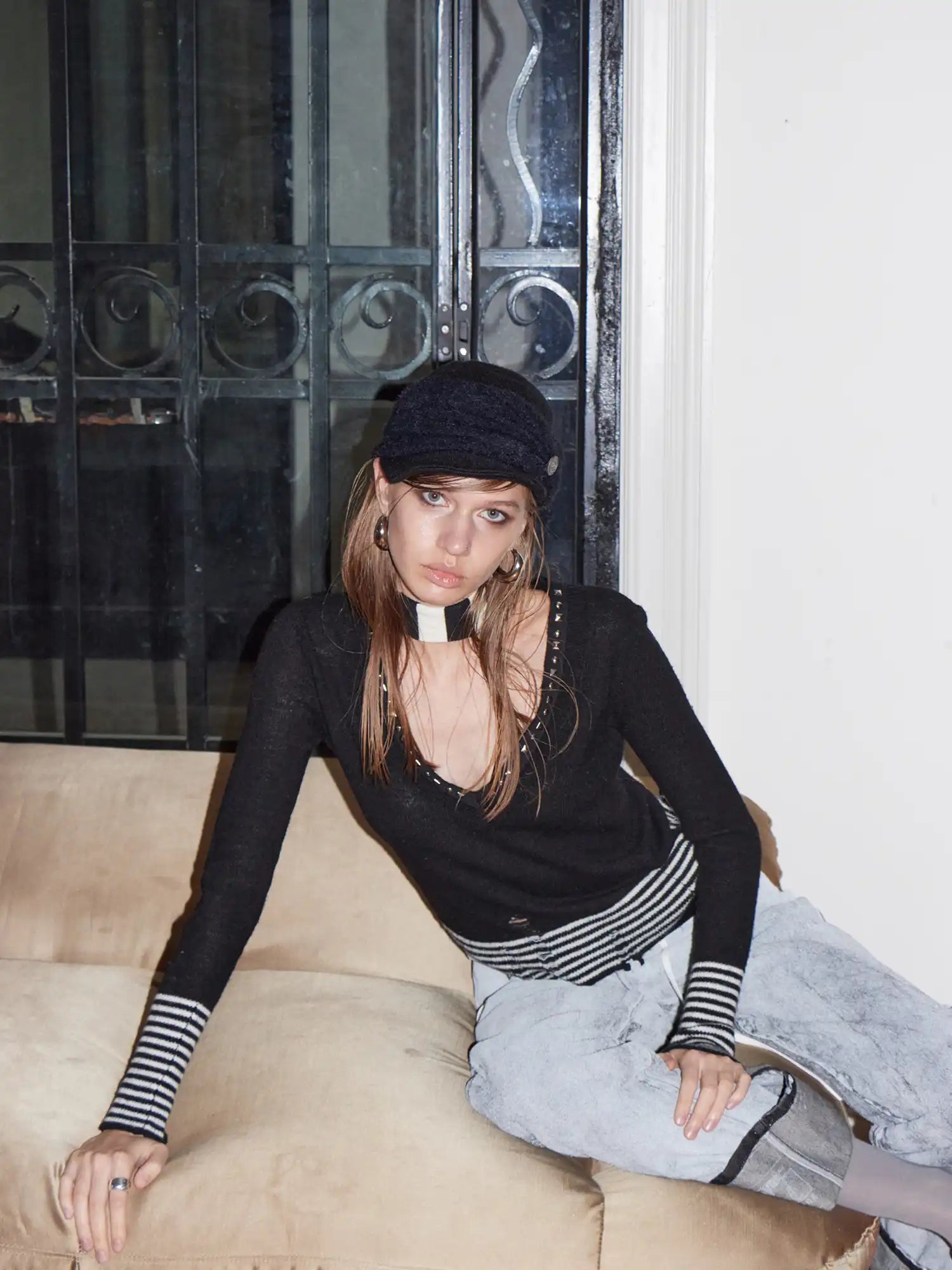 2th Desire Studded Deep V Distressed Knit Top | Canton Collective