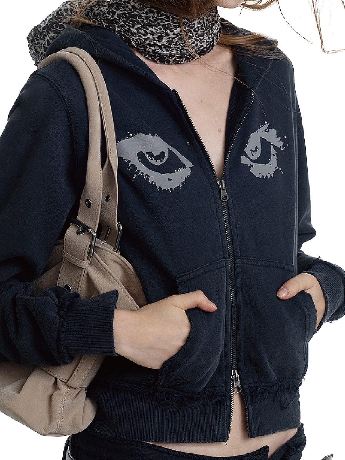 2HK TWO HOUR KEYYY Studded Eye Cropped Zip Up Hoodie | Canton Collective