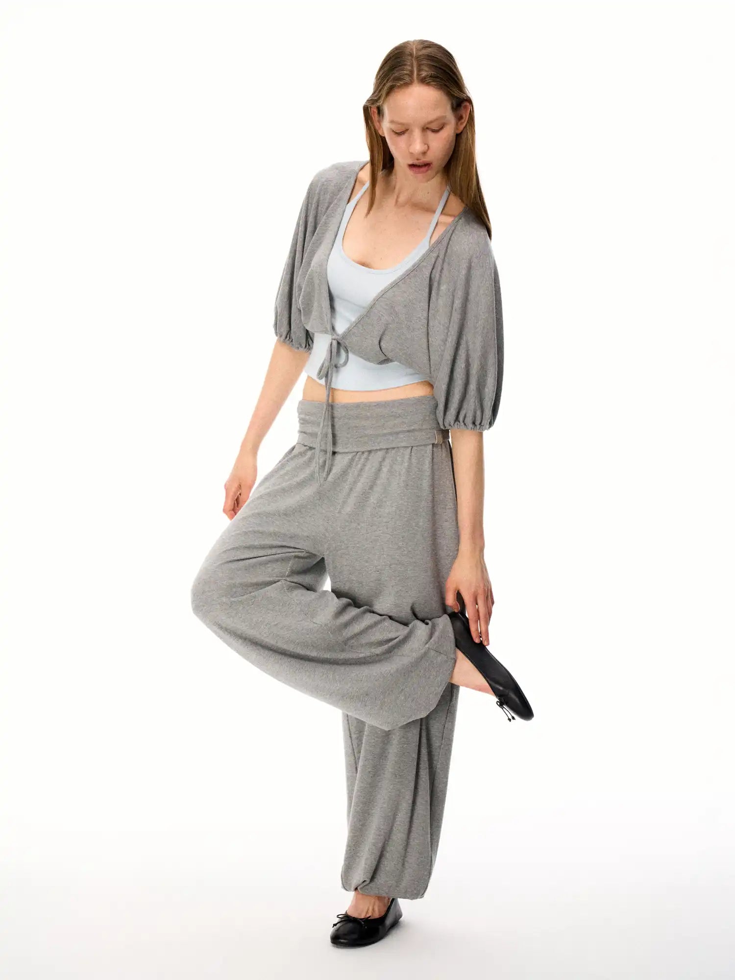 FirstFloor Stylish Ballet Mid-sleeve Pilates Wrap Cropped Top Two-Piece Set | Canton Collective