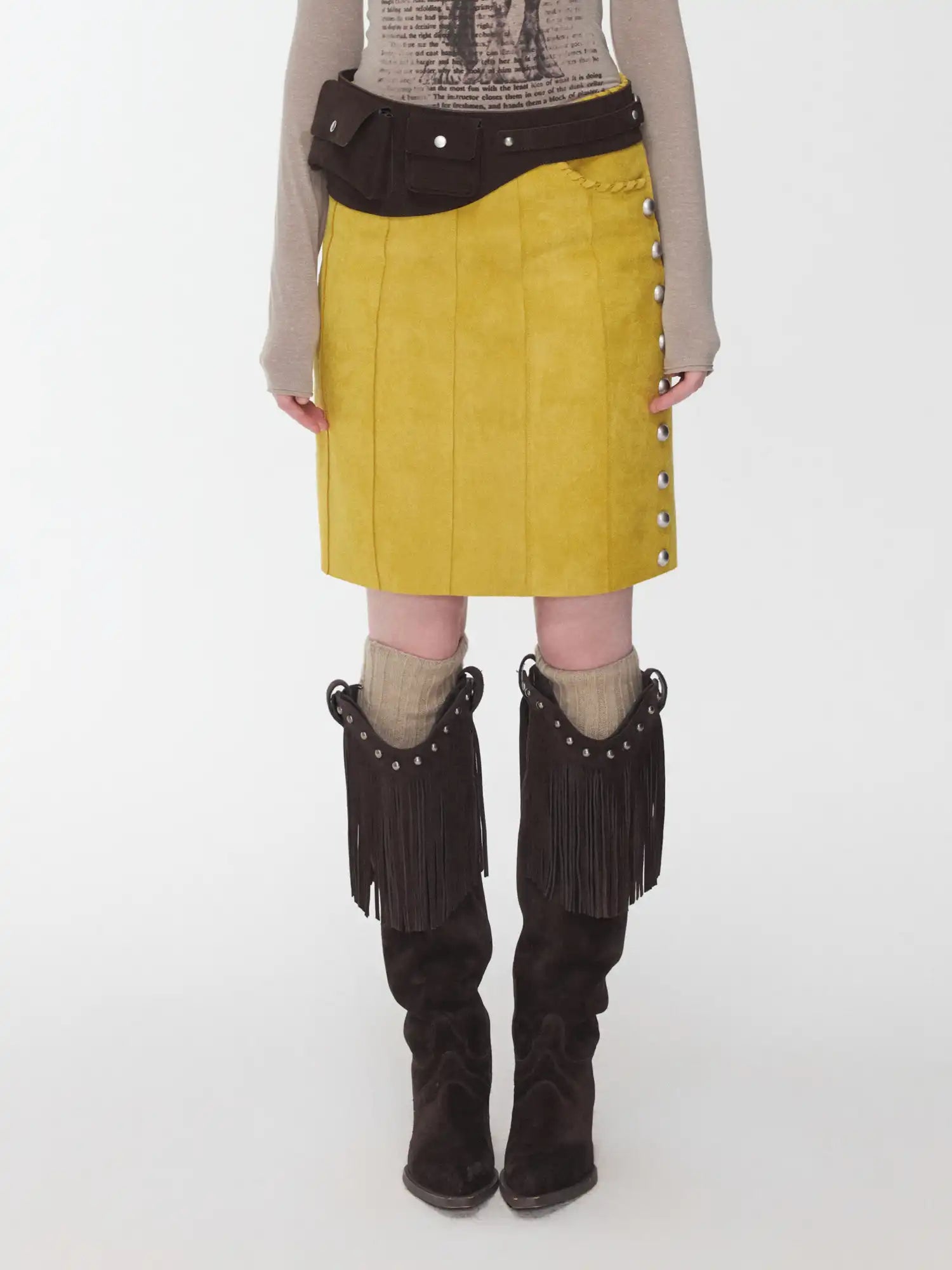 1Jinn Studio Suede Studded High-Waisted Midi Skirt | Canton Collective