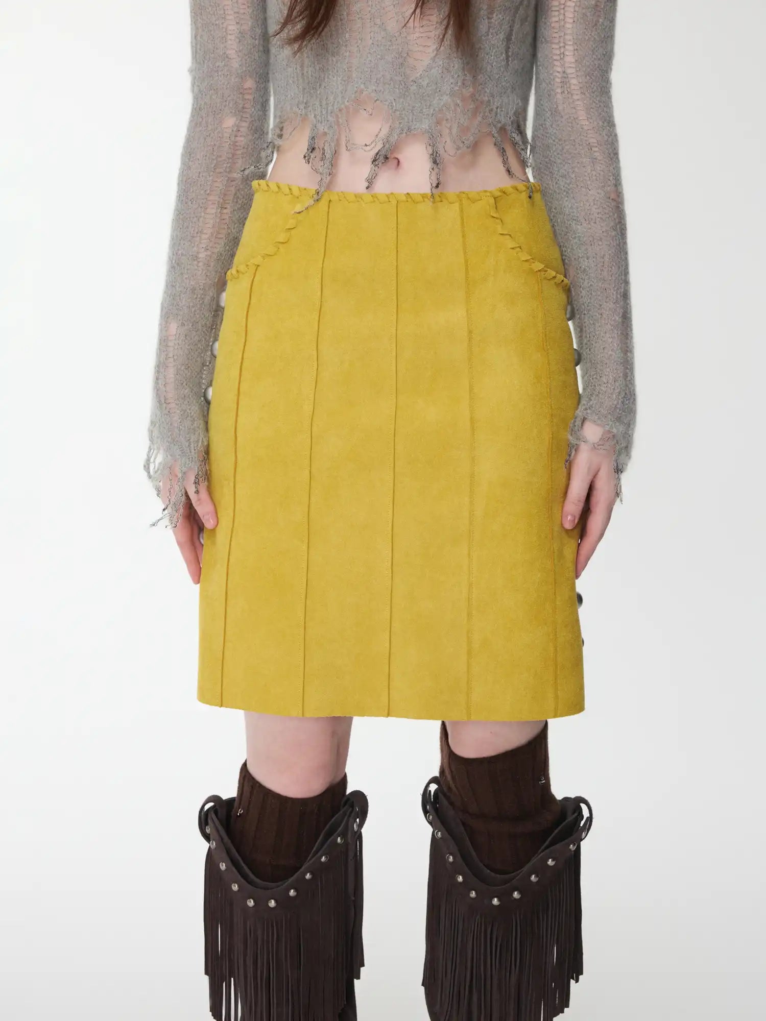 1Jinn Studio Suede Studded High-Waisted Midi Skirt | Canton Collective
