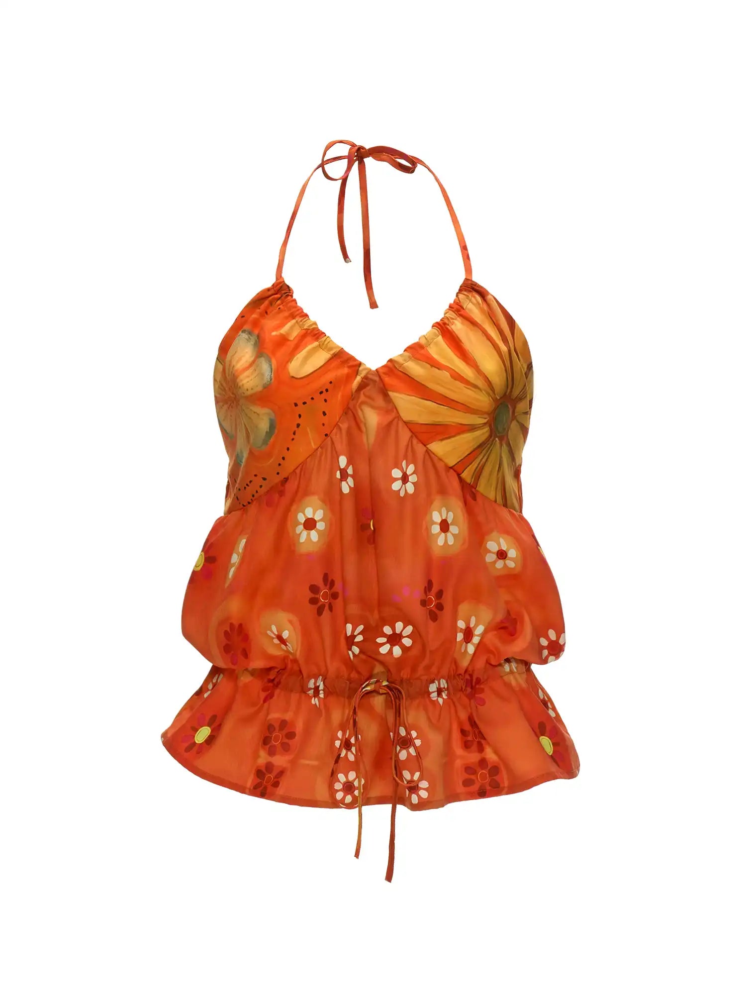 MAMC Tangerine Orange Floral Babydoll Halter Top | Canton Collective