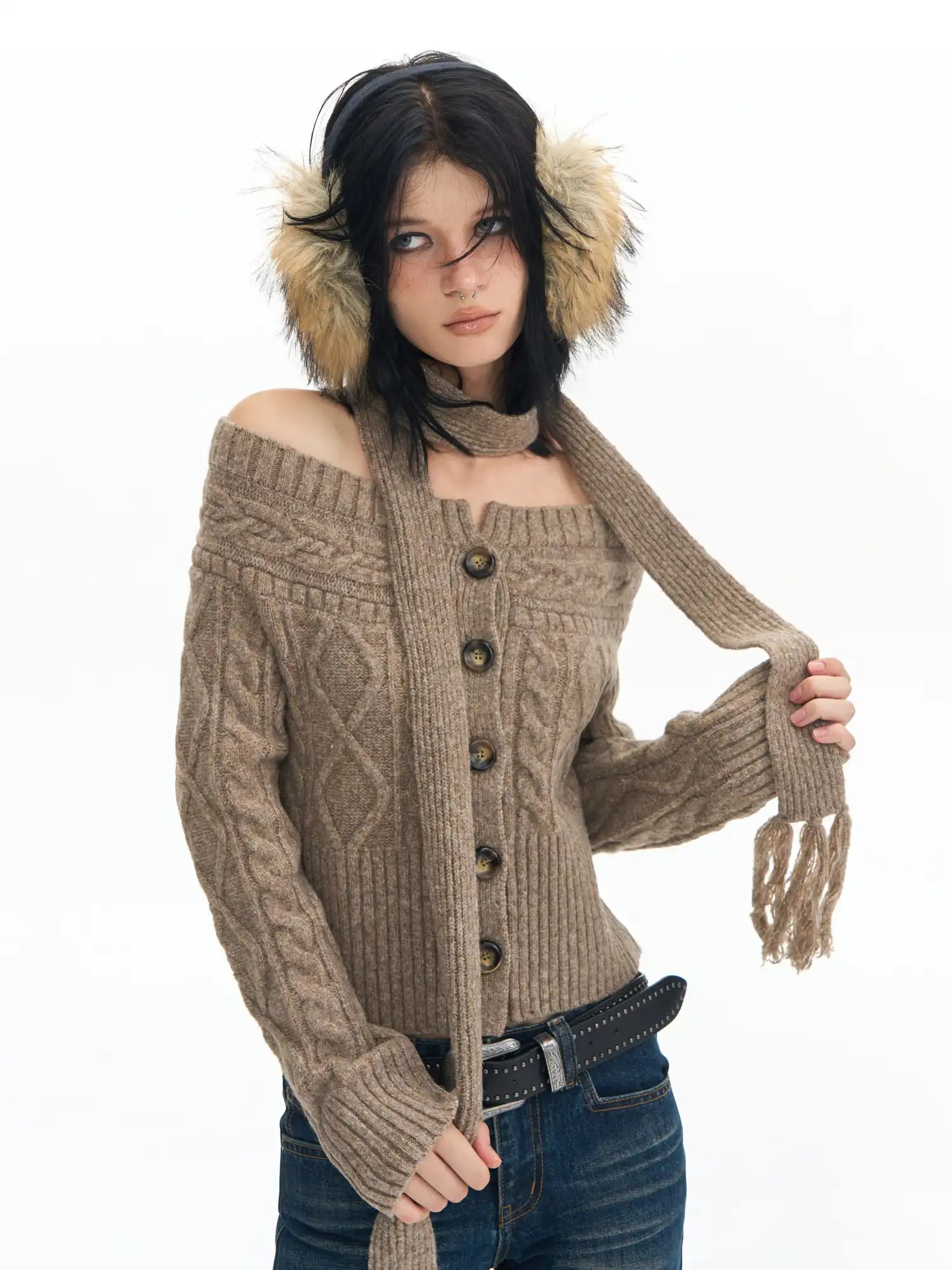 Deleteex Tassel Scarf Off Shoulder Sweater | Canton Collective