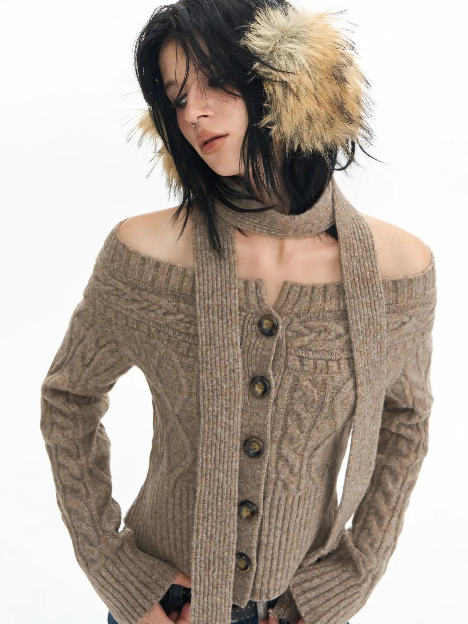 Deleteex Tassel Scarf Off Shoulder Sweater | Canton Collective
