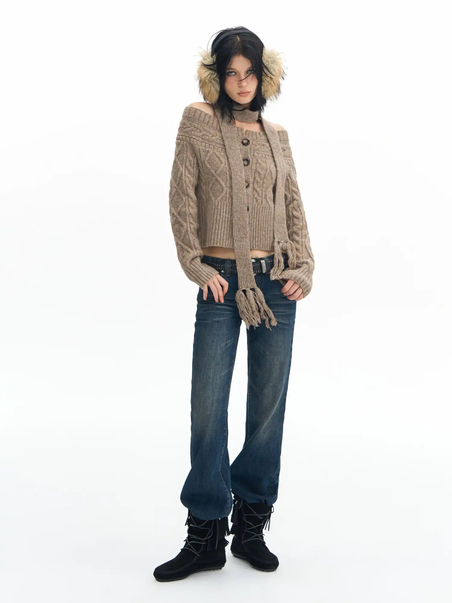 Deleteex Tassel Scarf Off Shoulder Sweater | Canton Collective
