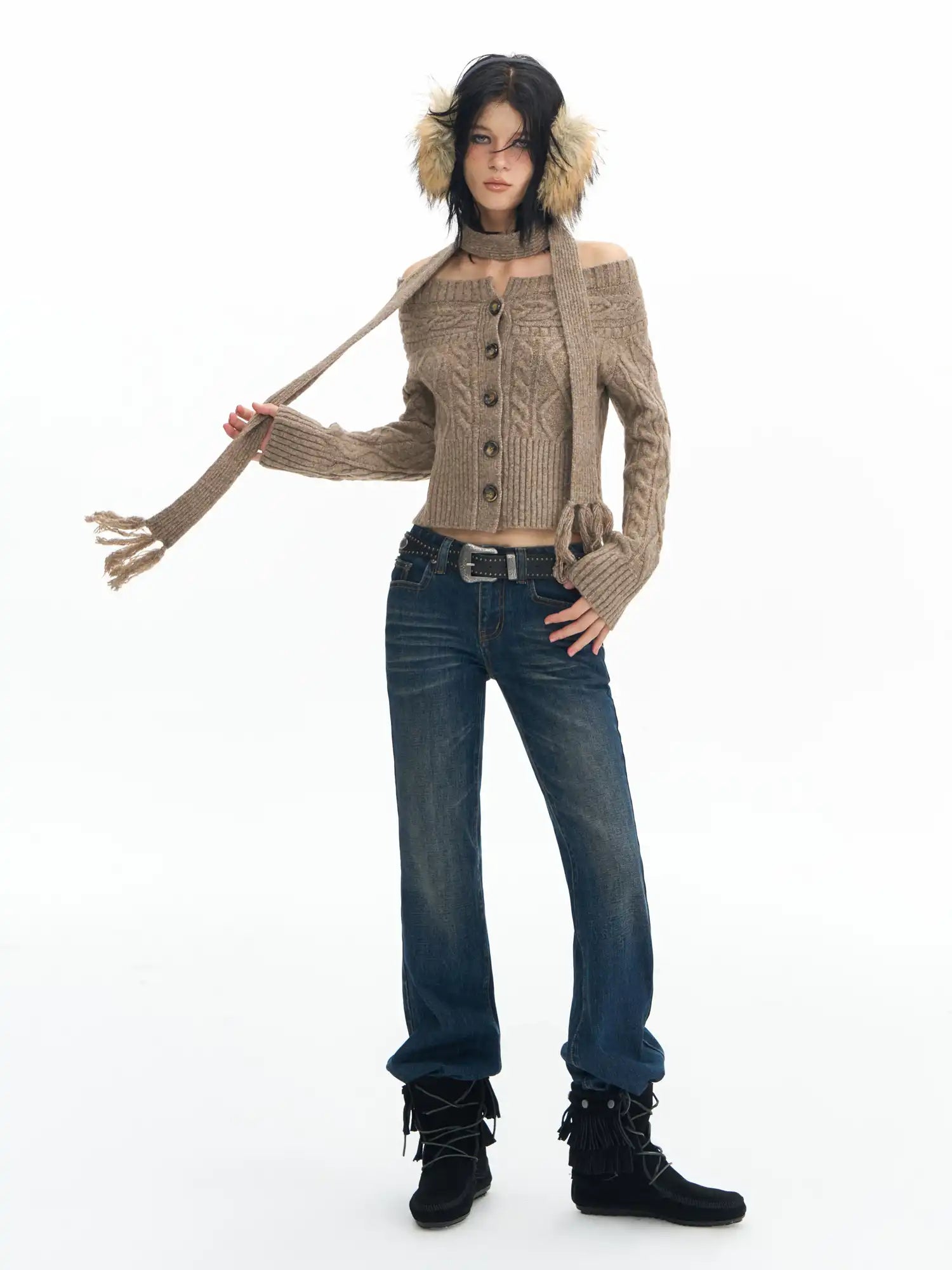Deleteex Tassel Scarf Off Shoulder Sweater | Canton Collective