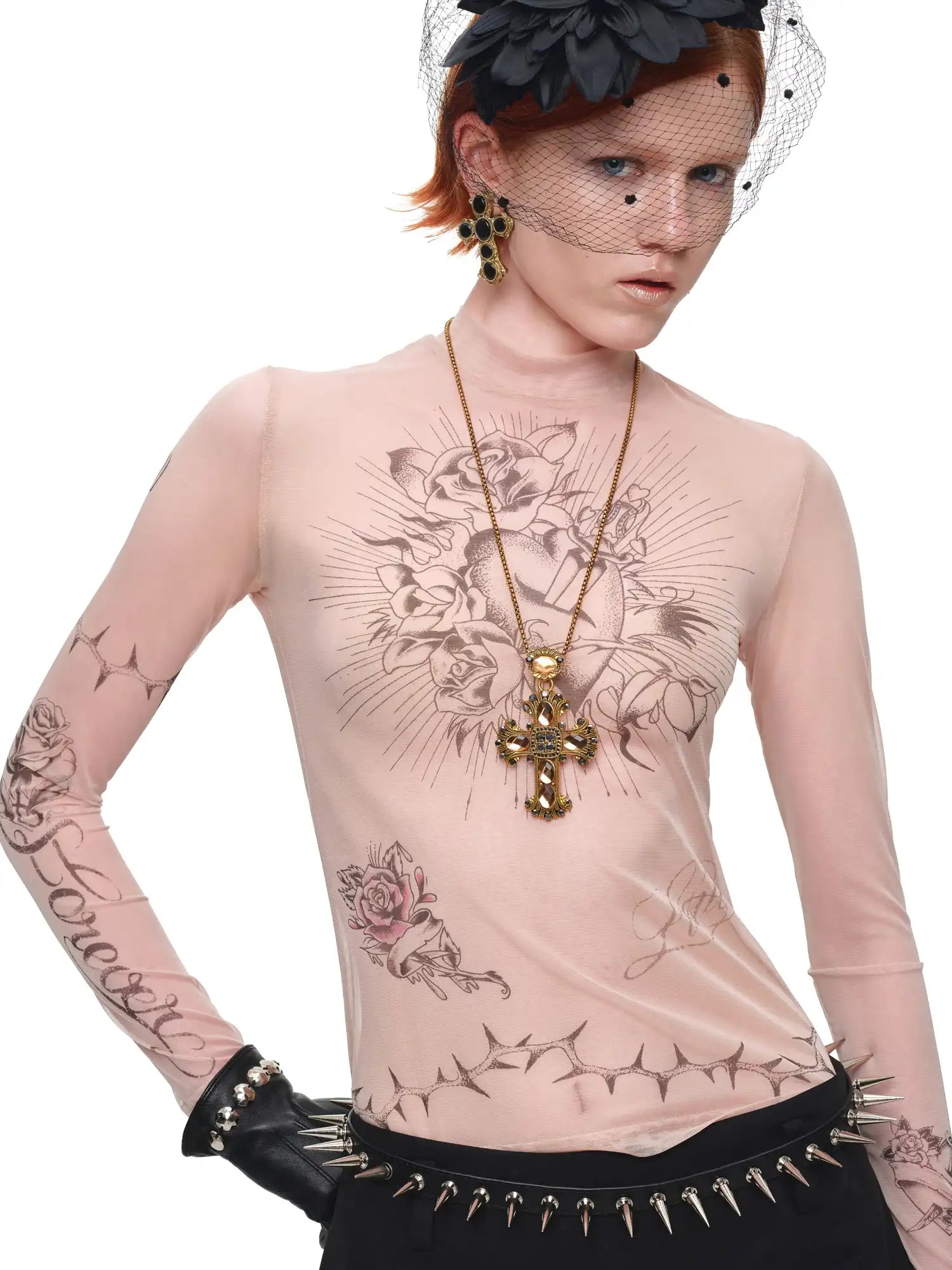 1Jinn Studio Tattoo-Print Sheer Mesh High Neck Top | Canton Collective