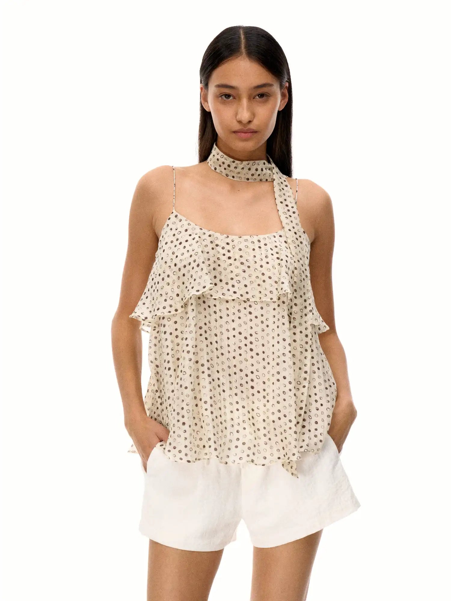 FirstFloor Tiered Ruffle Cami Scarf Detail With Irregular Brown Polka | Canton Collective