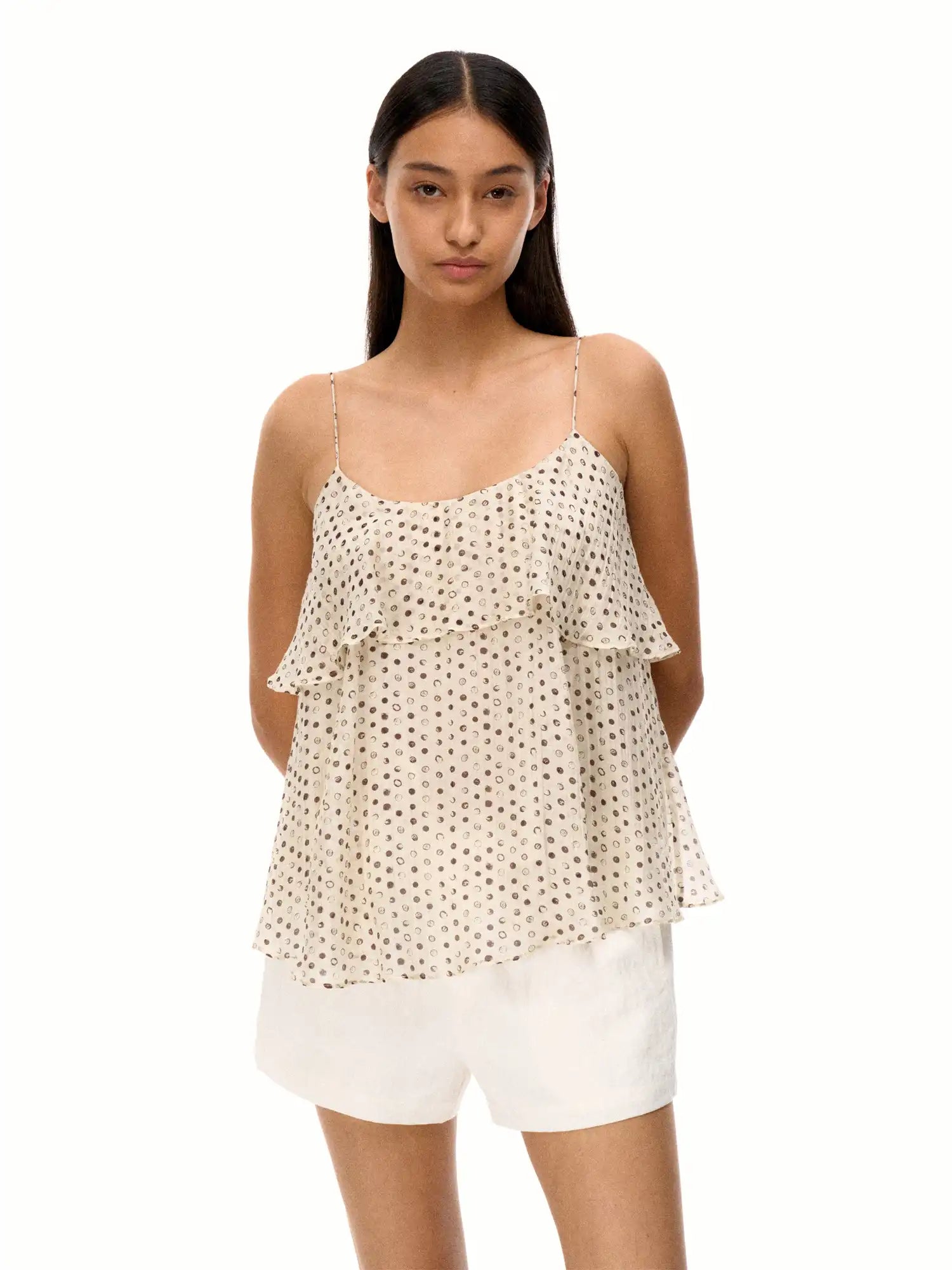 FIRST FLOOR Tiered Ruffle Polka Dot Babydoll Cami Top | Canton Collective