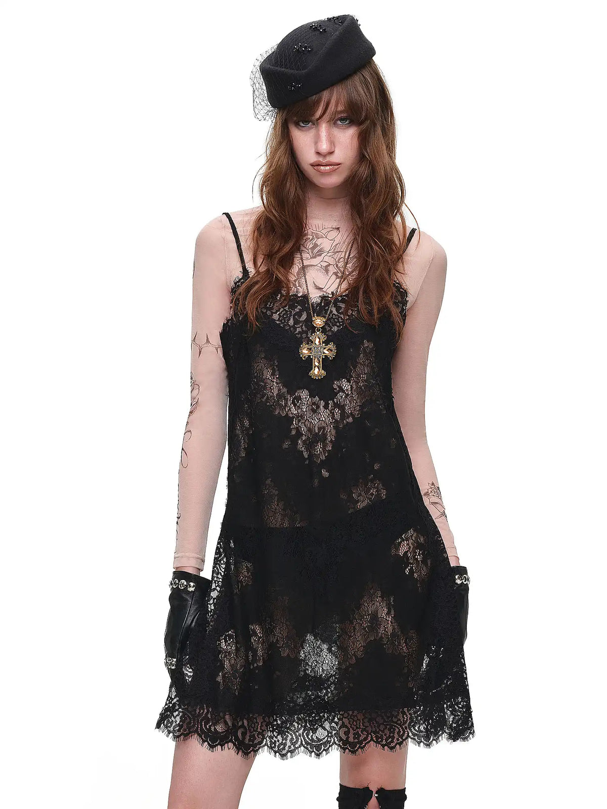 1Jinn Studio V Neck Sheer Lace Slip Mini Dress | Canton Collective