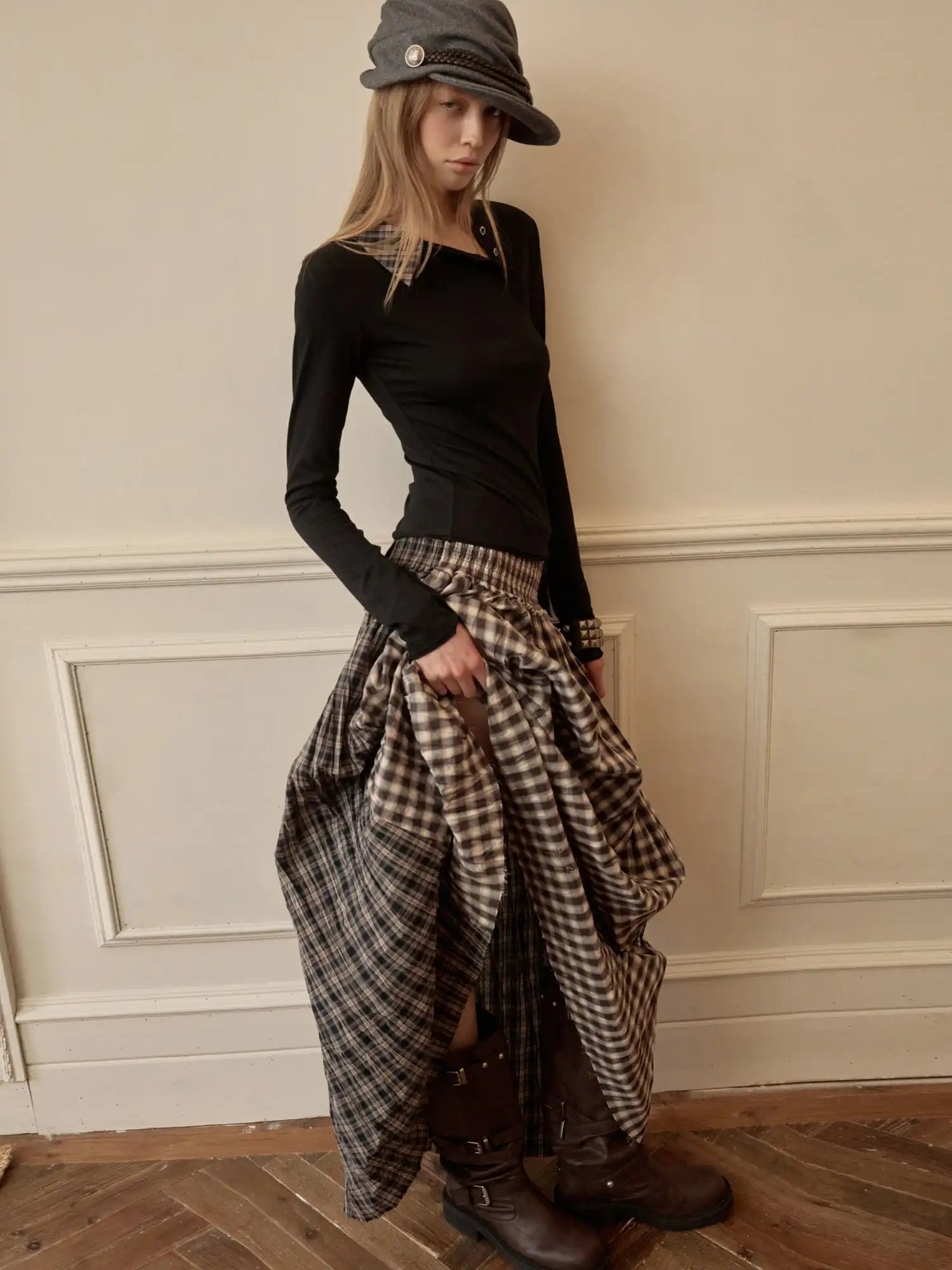 1Jinn Studio Vintage Deconstructed Plaid Panel Ruffle Maxi Skirt | Canton Collective