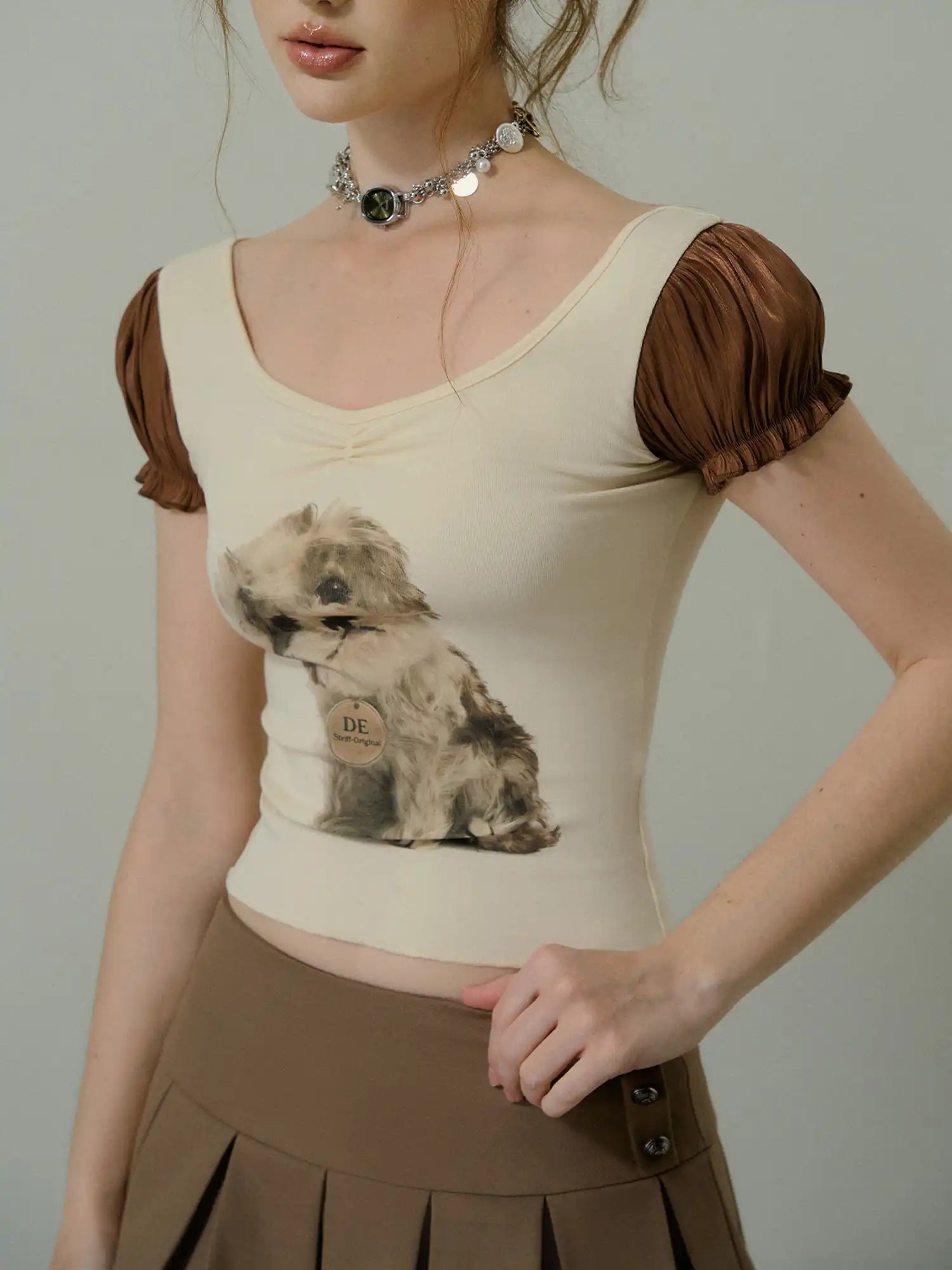 Deleteex Vintage Puppy Puff Sleeves Fitted Baby Tee | Canton Collective
