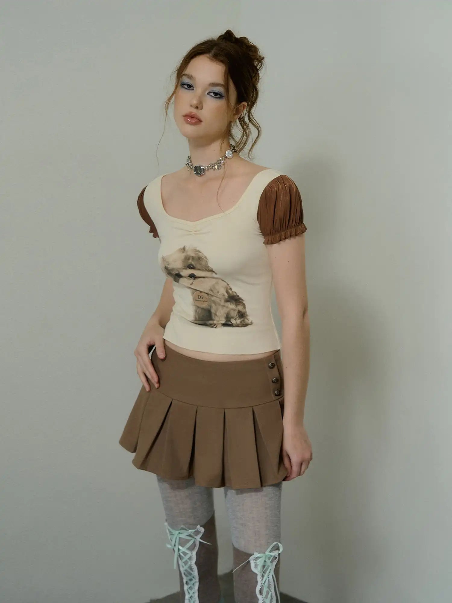 Deleteex Vintage Puppy Puff Sleeves Fitted Baby Tee | Canton Collective