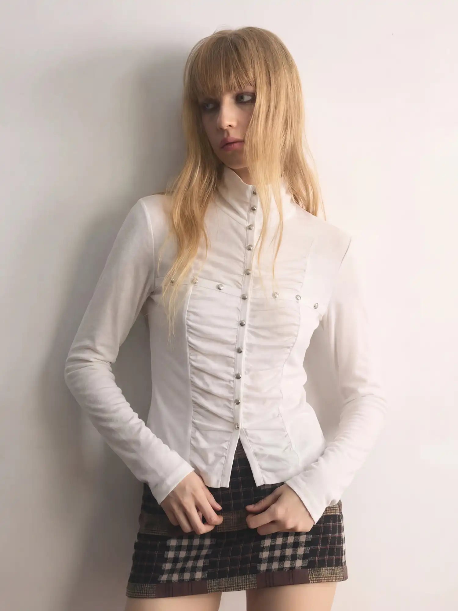 CantonCollective Design Vintage Ruched Stand Collar Blouse Silver Stud Button-Down Fitted Top | Canton Collective