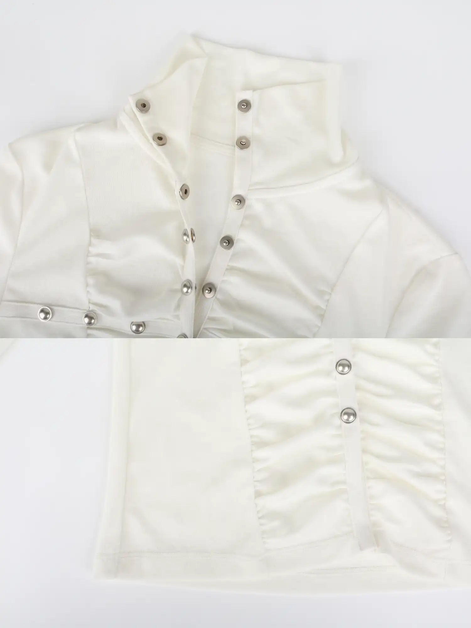 CantonCollective Design Vintage Ruched Stand Collar Blouse Silver Stud Button-Down Fitted Top | Canton Collective