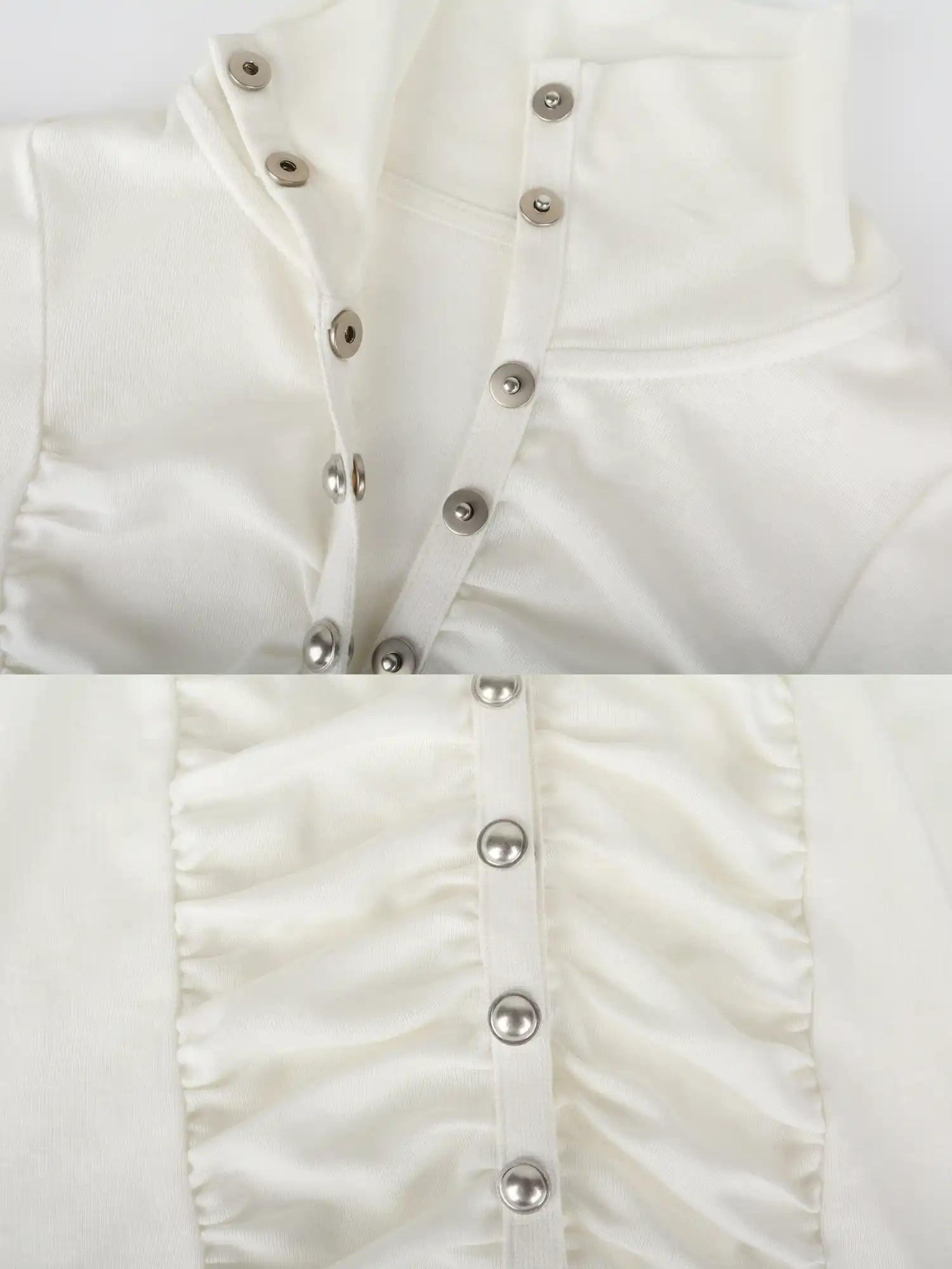 CantonCollective Design Vintage Ruched Stand Collar Blouse Silver Stud Button-Down Fitted Top | Canton Collective
