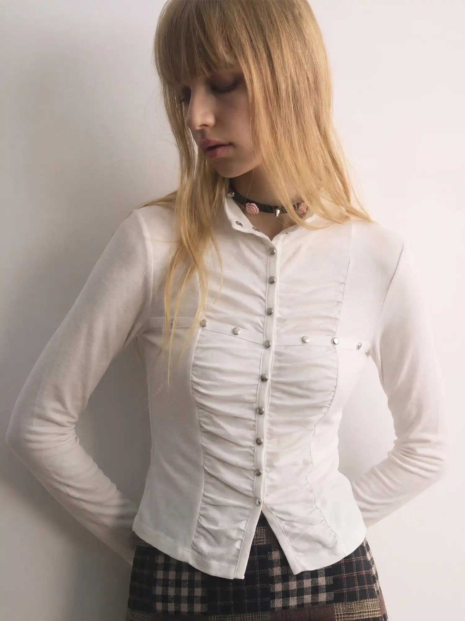 CantonCollective Design Vintage Ruched Stand Collar Blouse Silver Stud Button-Down Fitted Top | Canton Collective