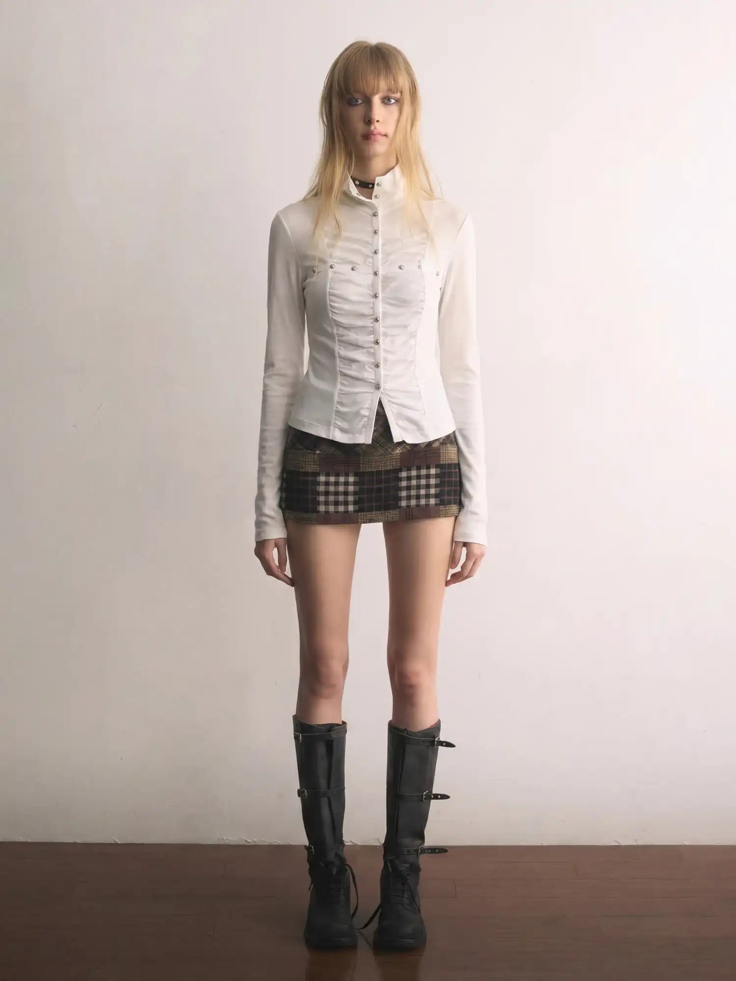 CantonCollective Design Vintage Ruched Stand Collar Blouse Silver Stud Button-Down Fitted Top | Canton Collective