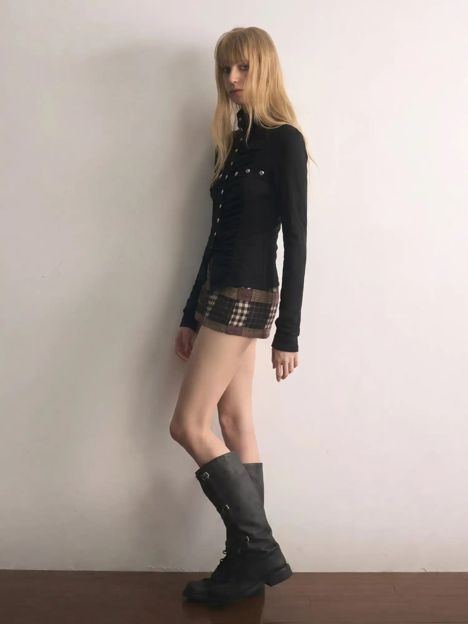 CantonCollective Design Vintage Ruched Stand Collar Blouse Silver Stud Button-Down Fitted Top | Canton Collective