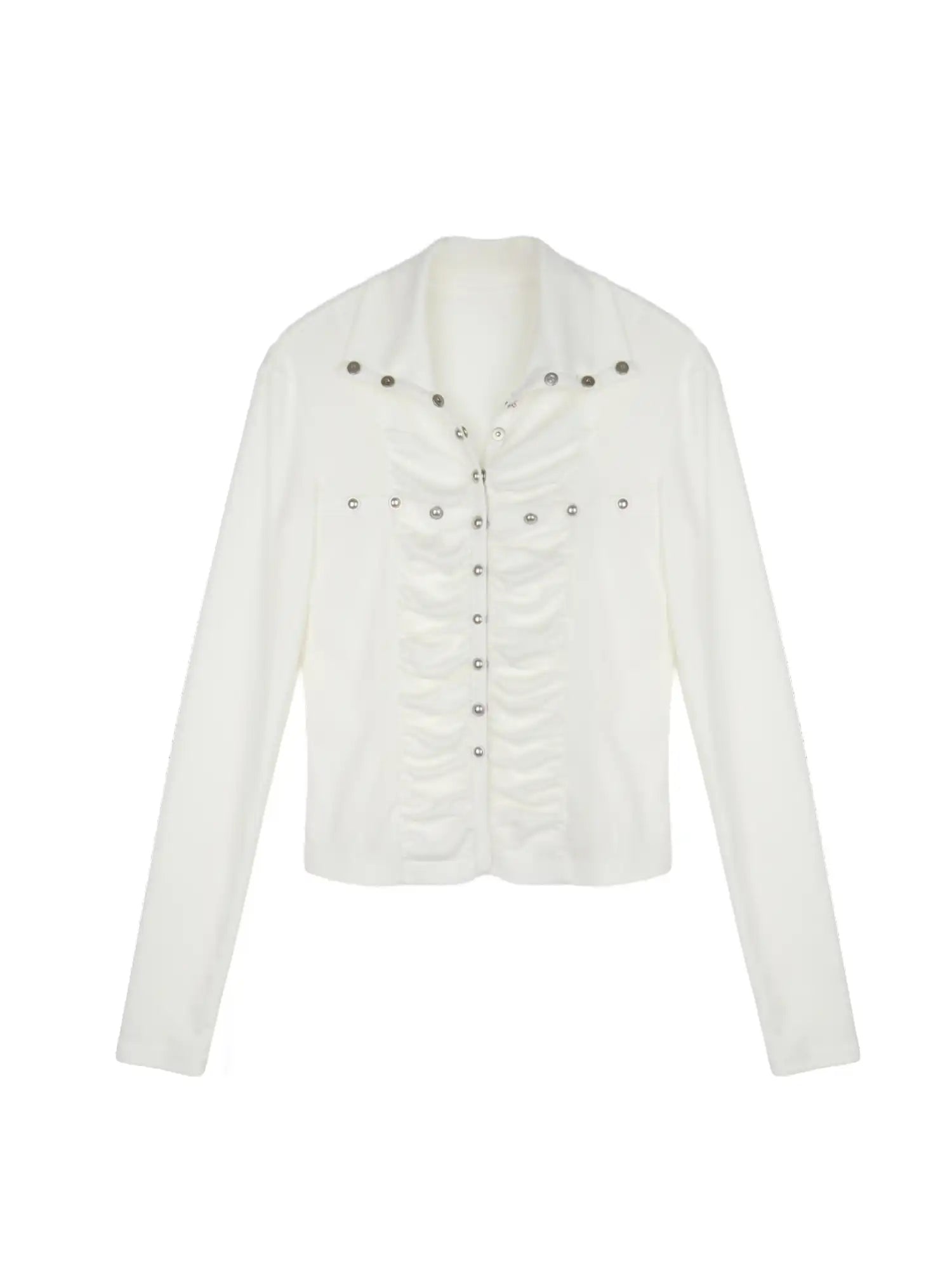 CantonCollective Design Vintage Ruched Stand Collar Blouse Silver Stud Button-Down Fitted Top | Canton Collective