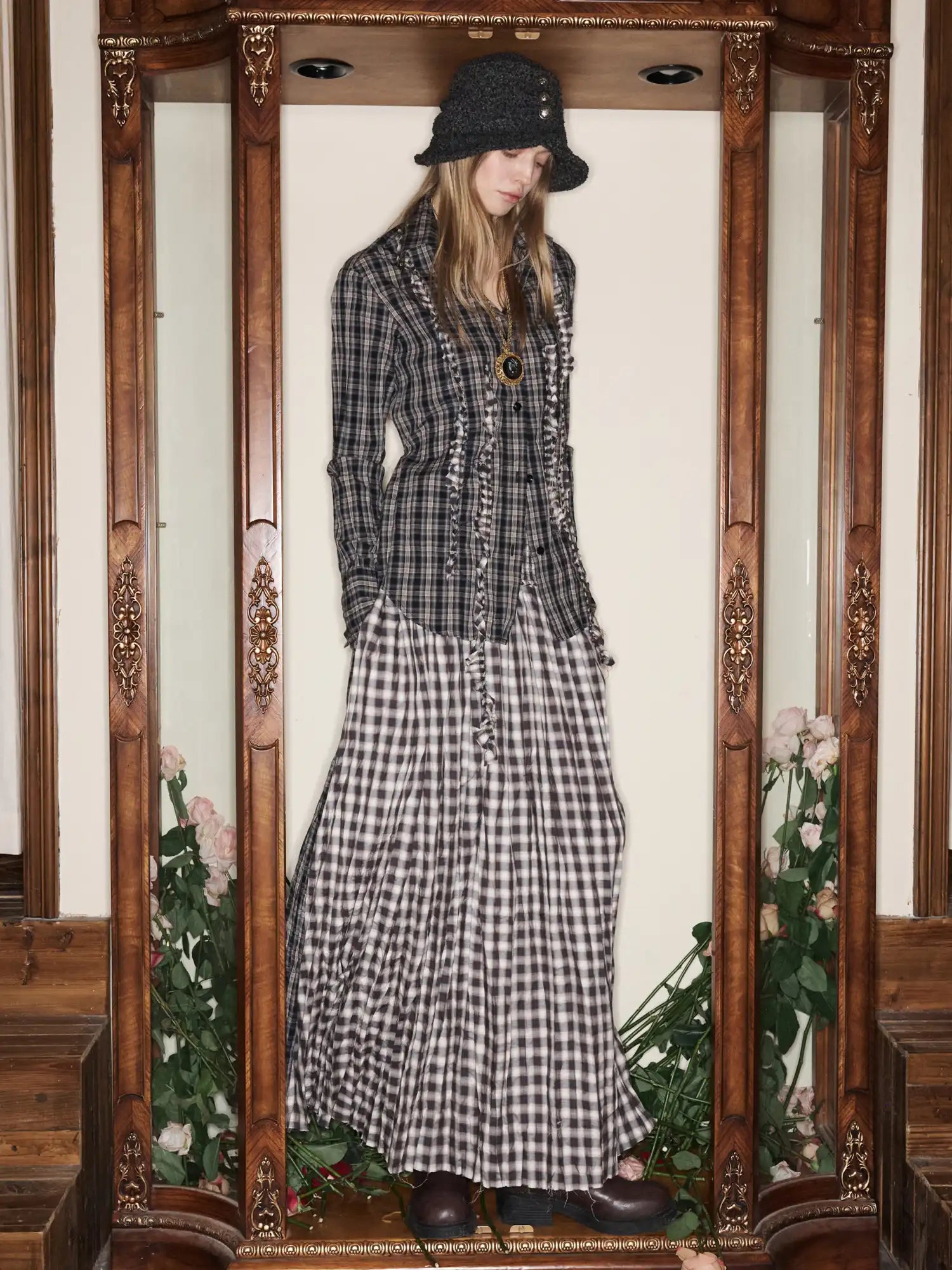 1Jinn Studio Vintage Ruffle Ribbon Panel Plaid Deconstructed Shirt | Canton Collective