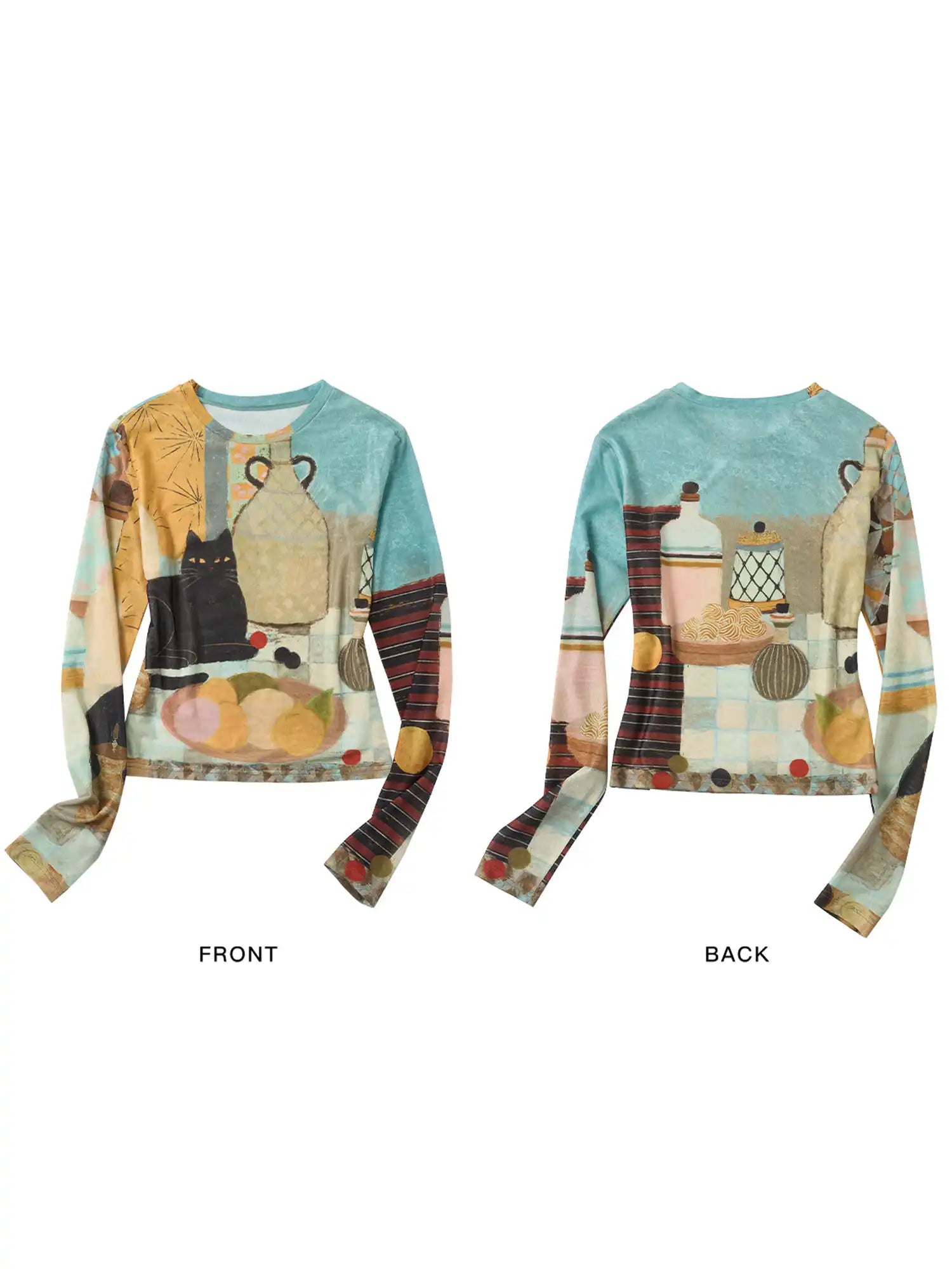 Outtheblue Whimsical Cat Long-Sleeve Fitted Crop Top | Canton Collective