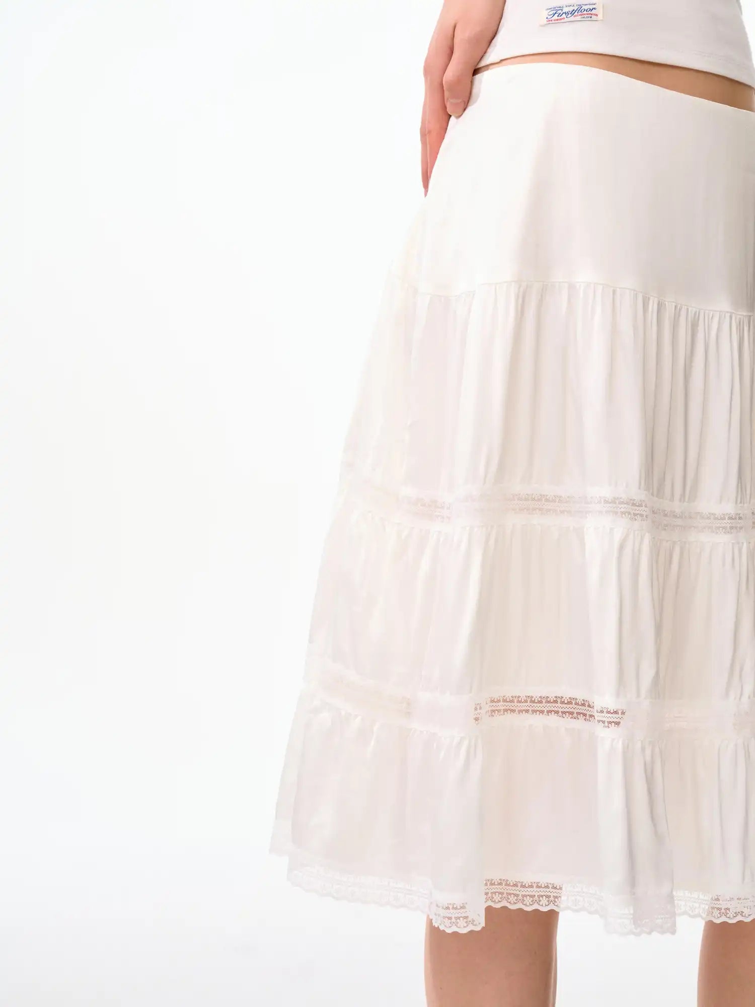 FirstFloor White Layered Satin Lace Ruffle Midi Skirt | Canton Collective