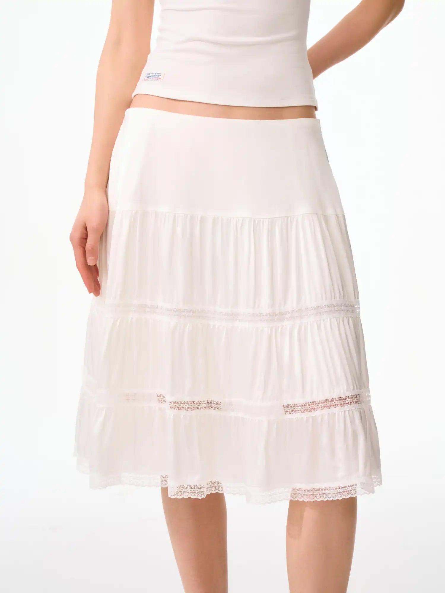 FirstFloor White Layered Satin Lace Ruffle Midi Skirt | Canton Collective