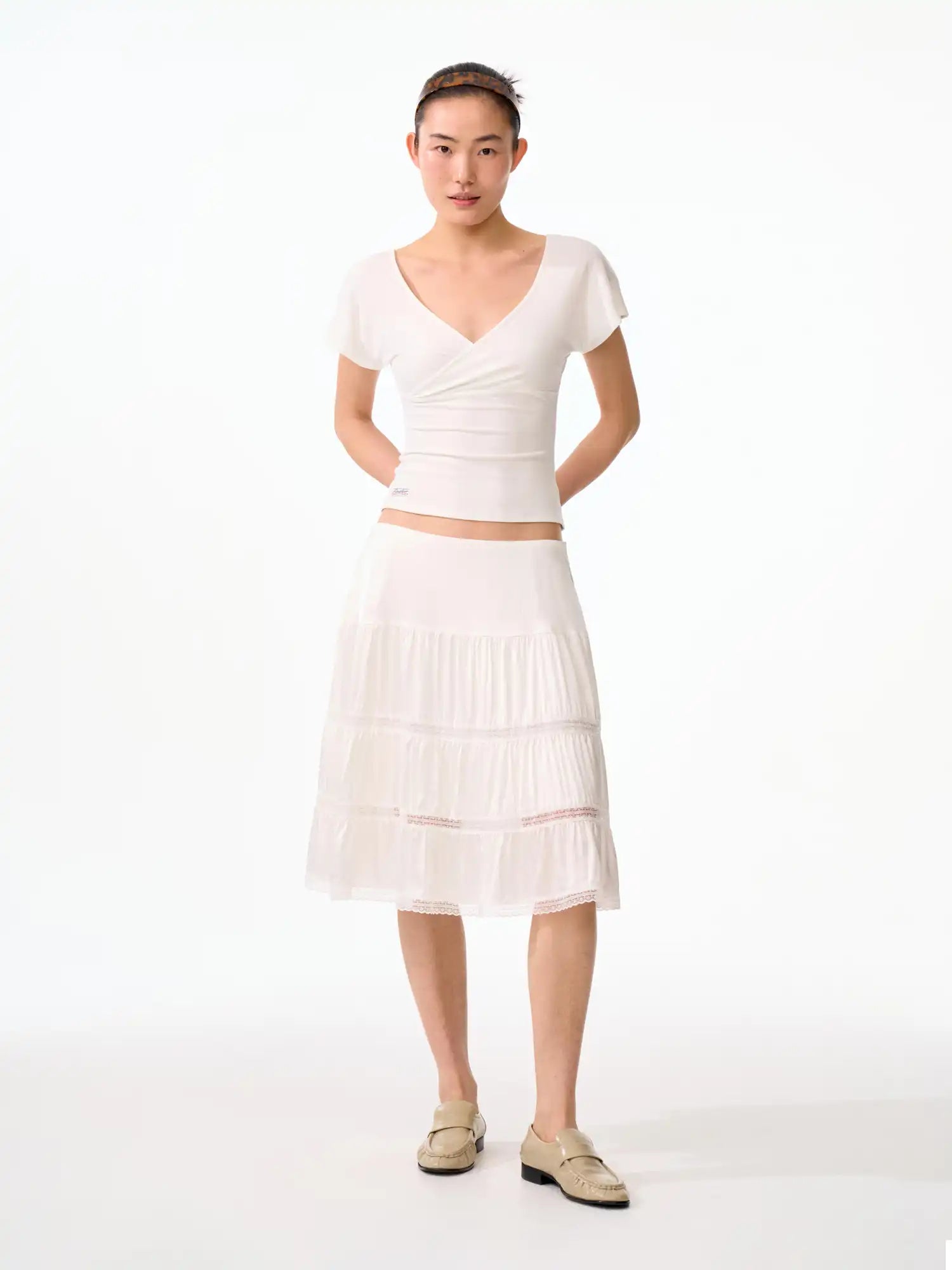 FirstFloor White Layered Satin Lace Ruffle Midi Skirt | Canton Collective