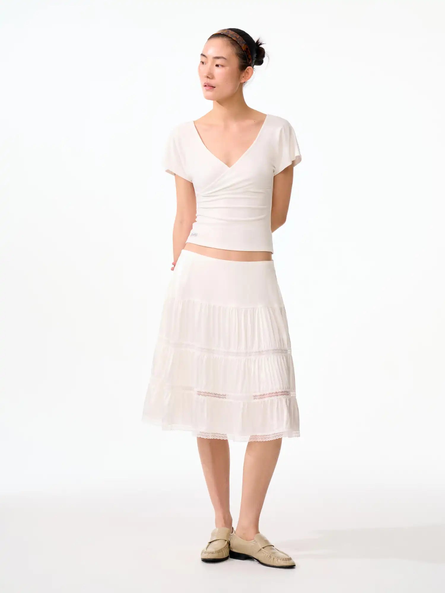 FirstFloor White Layered Satin Lace Ruffle Midi Skirt | Canton Collective